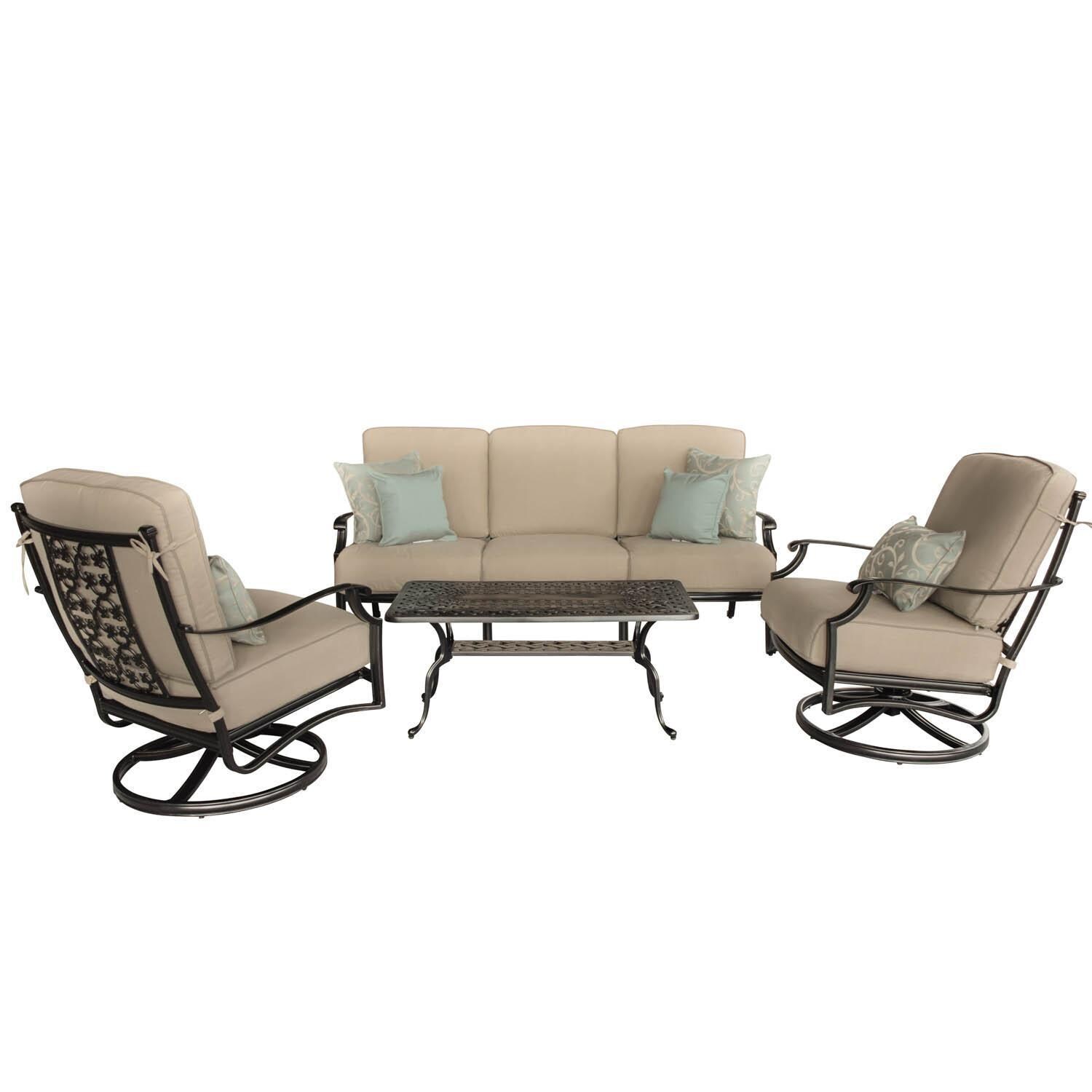 Carondelet 4 Piece Cast Aluminum Patio Conversation Set W/ Sofa, Swivel Rocker Club Chairs & Sunbrella Spectrum Sand Cushions thumbnail