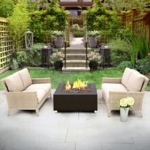 Lafitte 3 Piece Wicker Patio Fire Pit Conversation Set W/ Sunbrella Canvas Taupe Cushions By Lakeview Outdoor Designs image