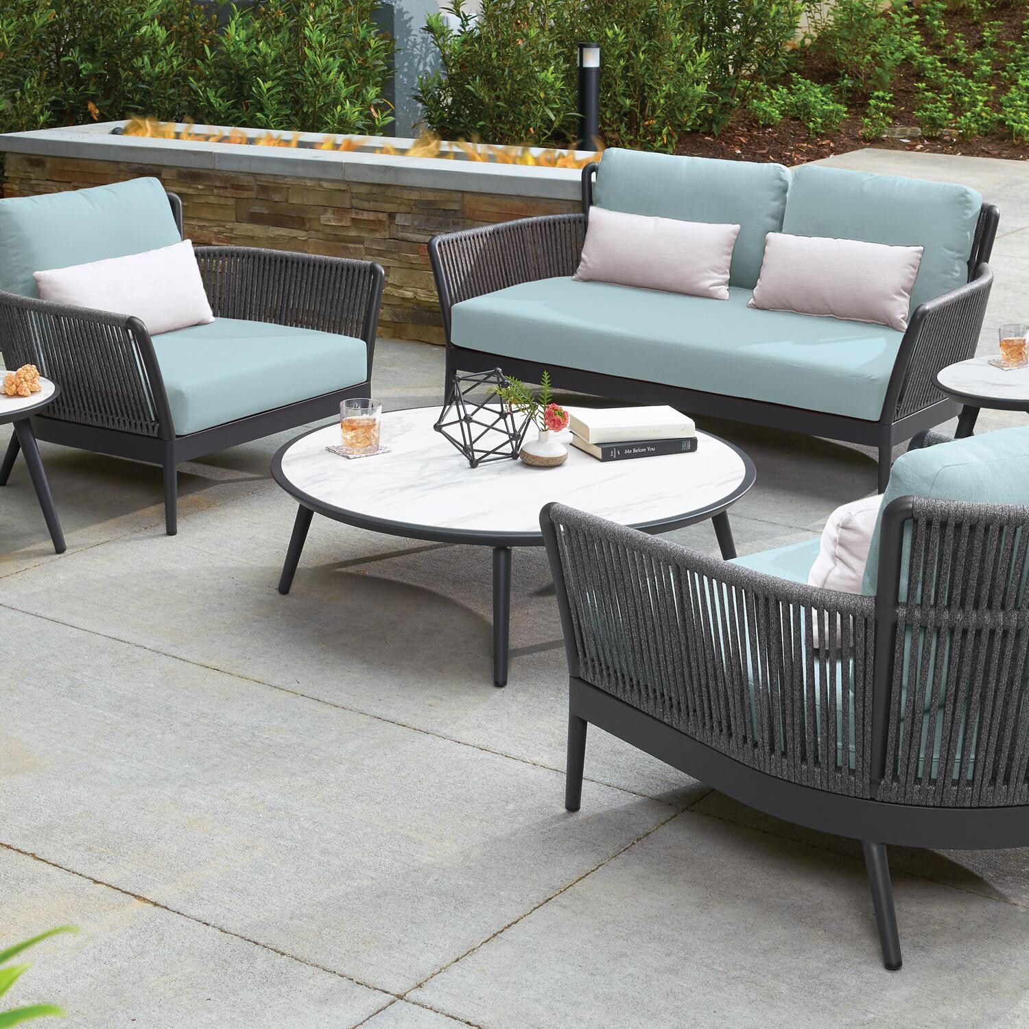 Oxford Garden Nette 2 Person Olefin Rope & Aluminum Loveseat W/ Salt Lumbar Pillow in Carbon/Seafoam - Patio thumbnail