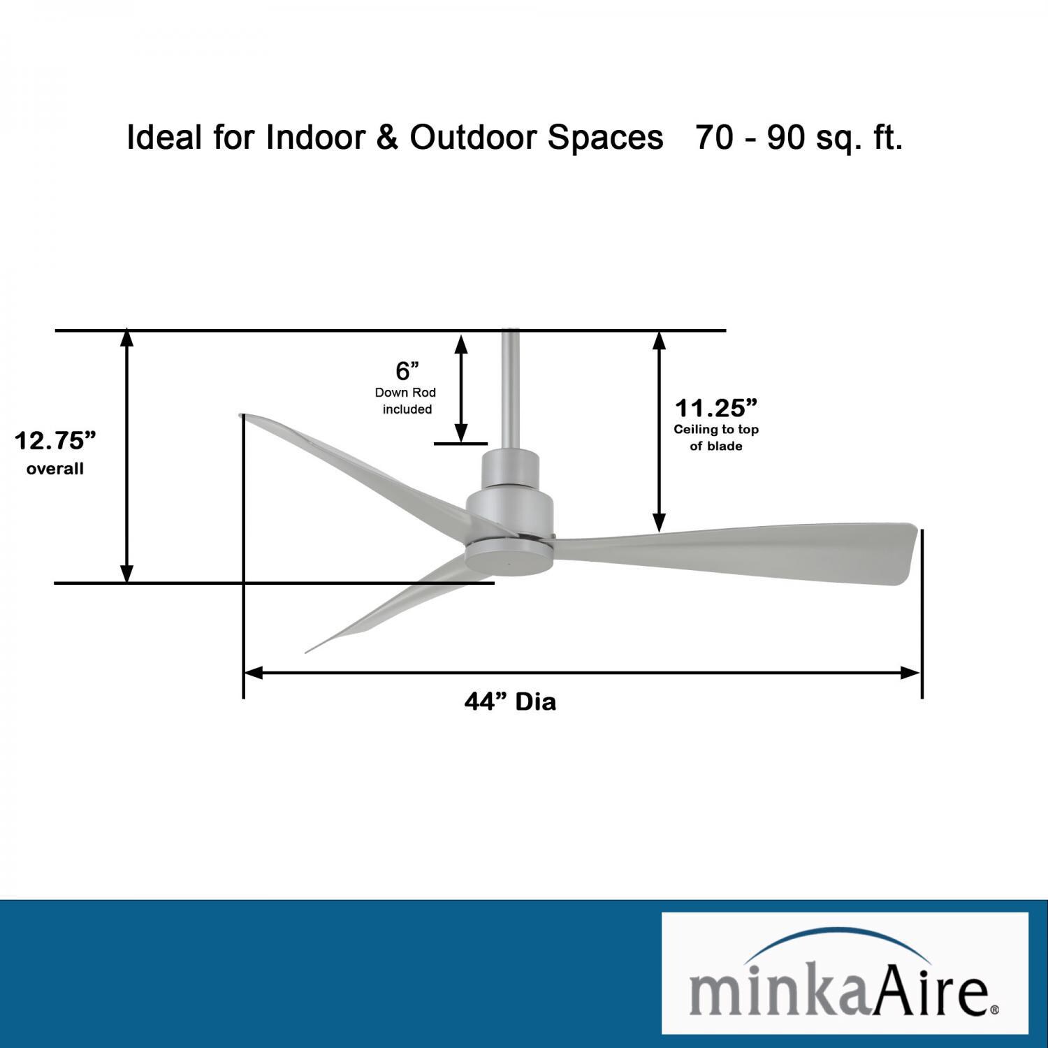 Minka-Aire F786-SL Simple 44-Inch 3-Blade Ceiling Fan in Silver Finish w/ Silver Blades - Dimensions thumbnail