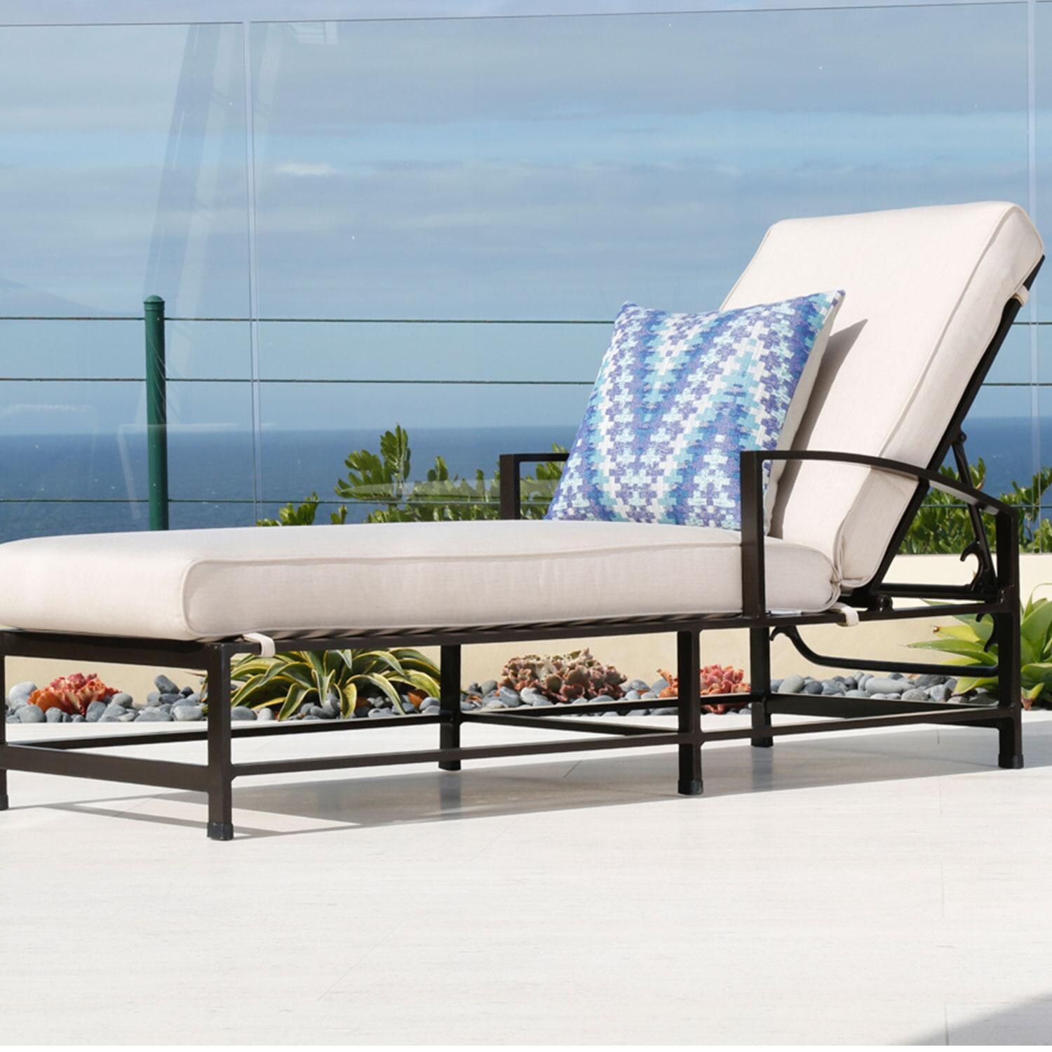 La Jolla Aluminum Patio Chaise Lounge in Canvas Skyline w/ Self Welt By Sunset West - Oceanside - Shown in Canvas Flax finish - Lifestyle thumbnail