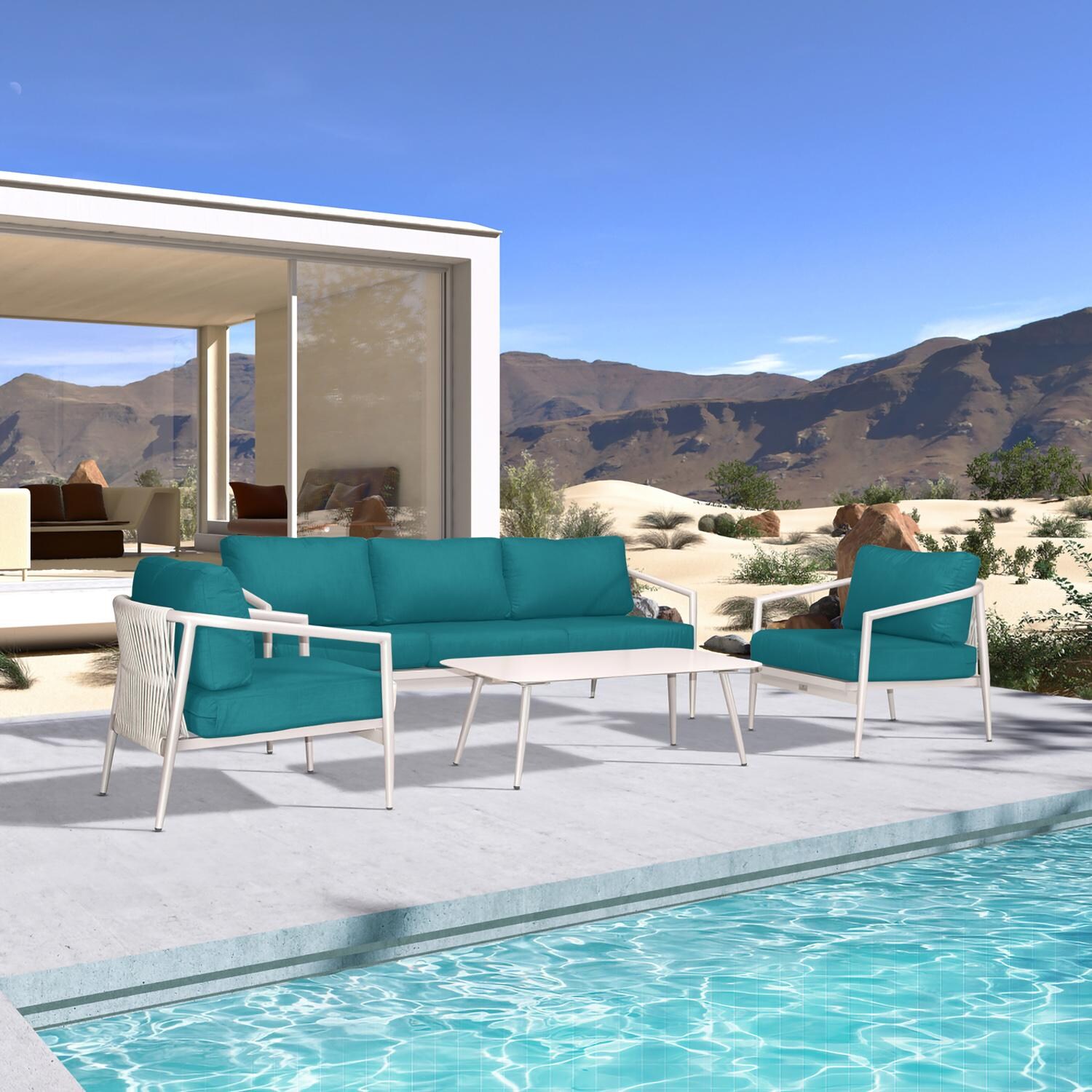 Lakeview Midnight Cove 4 Pc Aluminum Sofa Seating Set in Urban Stone/Carrera/Spectrum Peacock - Angled - Lifestyle thumbnail