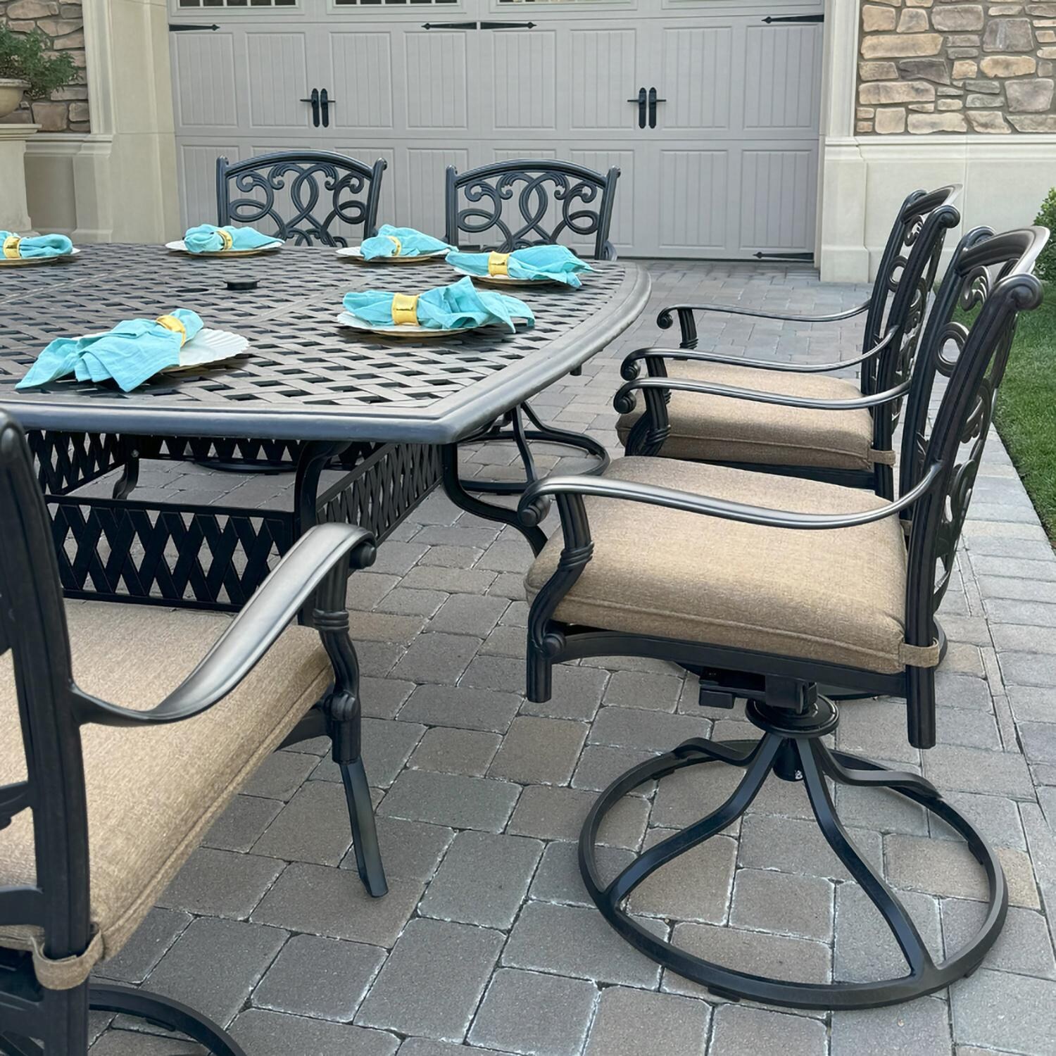 Darlee B/DL2052-9PCAR-30W Santa Monica 9 Pc Cast Aluminum Swivel Rocker Dining Set in Antique Bronze - Angled View - Lifestyle thumbnail