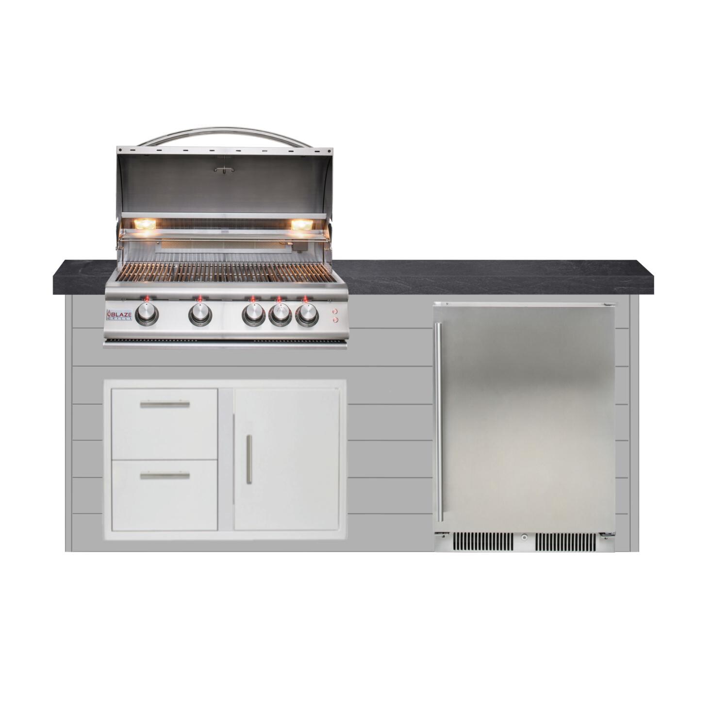 BBQGuys Signature 6ft Luxury Outdoor Island W/ Blaze Premium LTE 32-Inch Natural Gas Grill & Outdoor Rated Refrigerator - Light Gray Steel W/ Black Polished Granite
