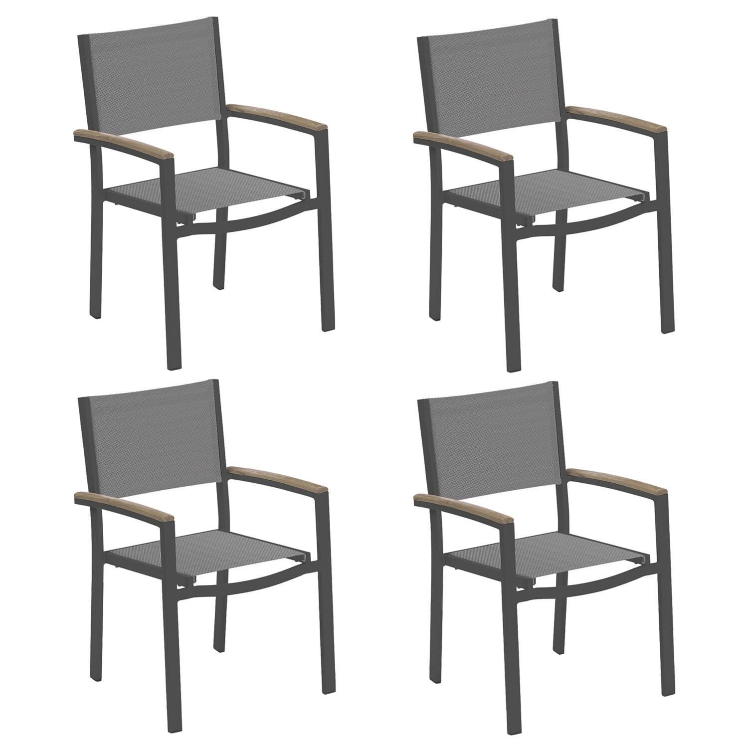 Travira 4 Pc Composite Sling & Aluminum Dining Chair W/ Vintage Tekwood Arm Caps in Carbon/Titanium By Oxford Garden
