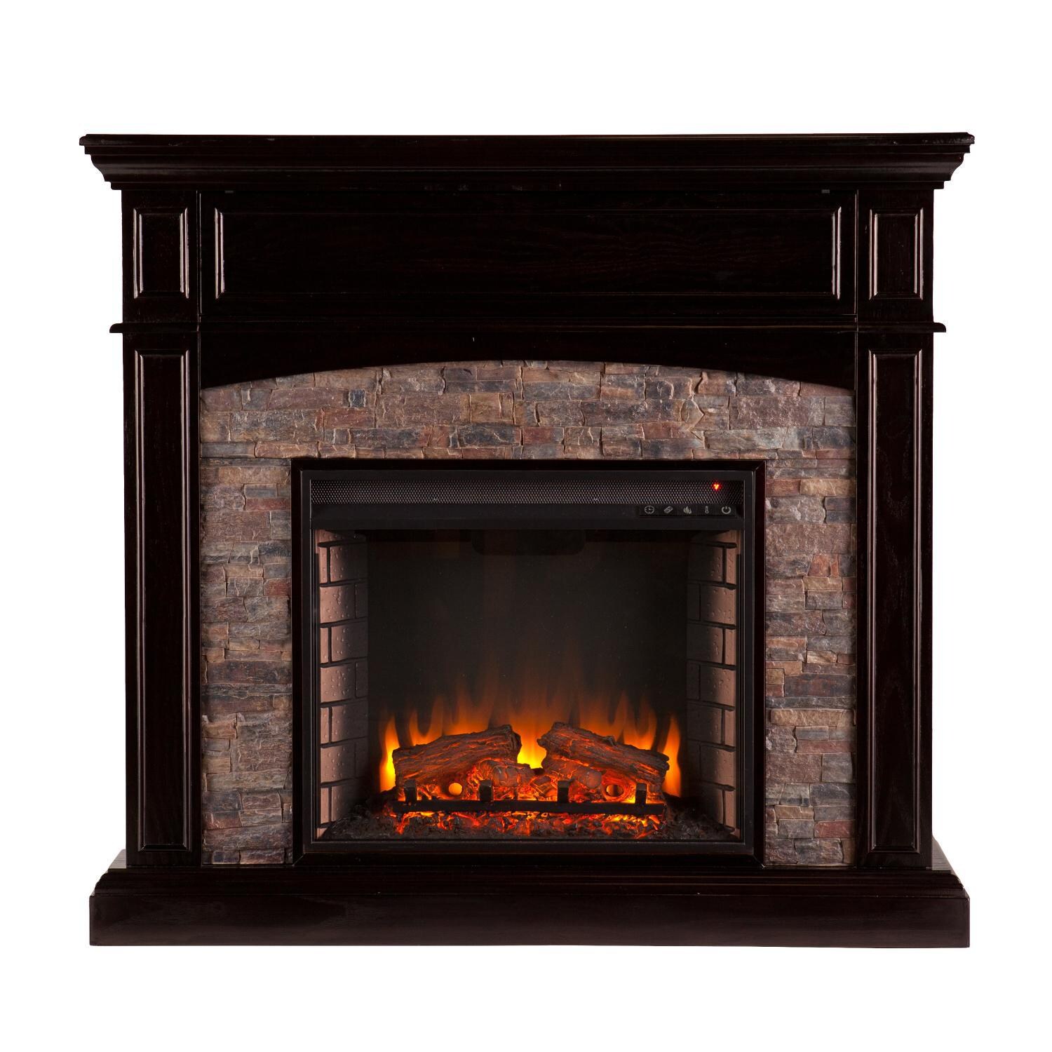 Southern Enterprises Grantham 45-Inch Corner Convertible Electric Fireplace Mantel - Ebony W/ Black River Faux Stone - FE9359 - Front View thumbnail