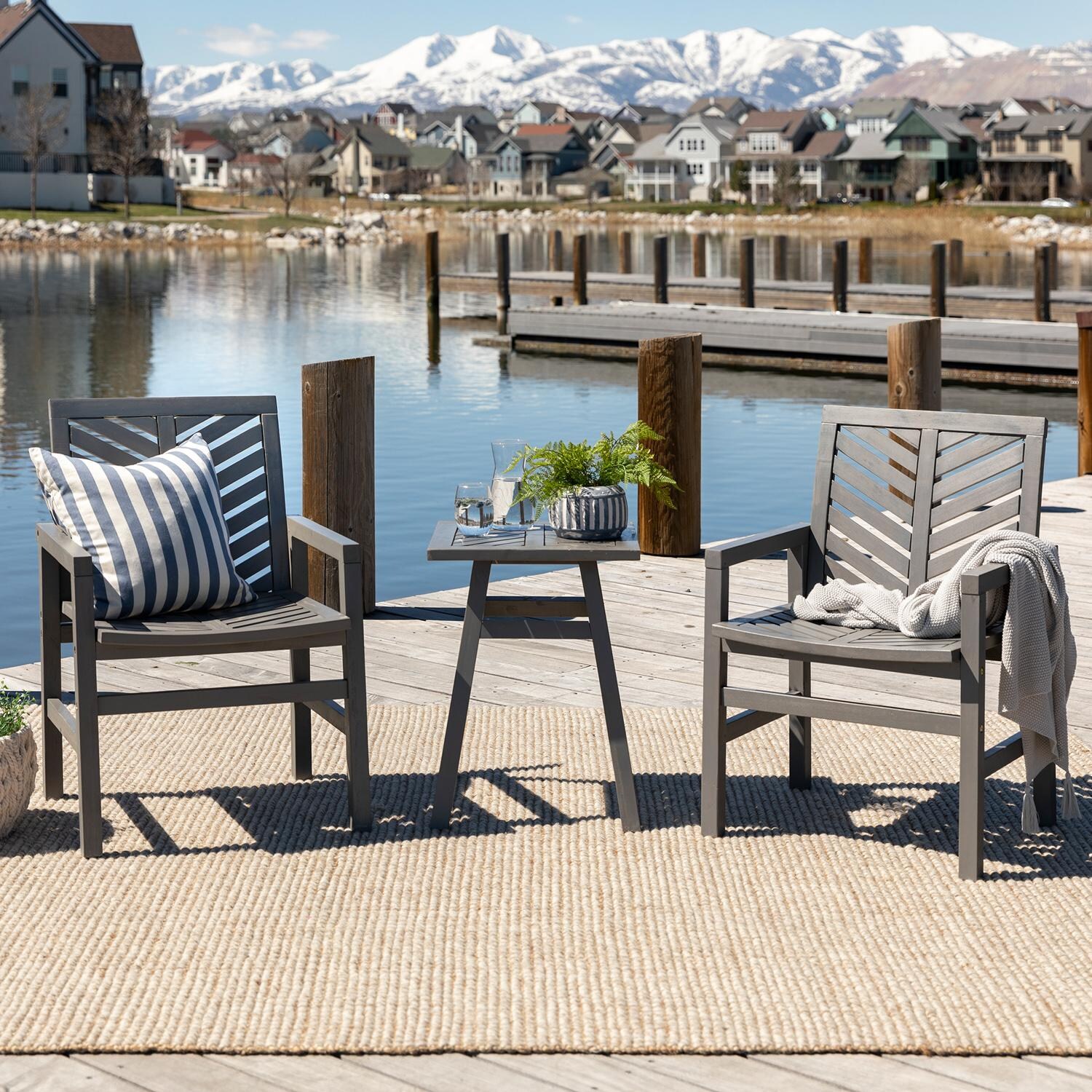 Walker Edison Vincent 3 Piece Acacia Patio Conversation Set W/ 18 Inch Square End Table - Grey Wash image