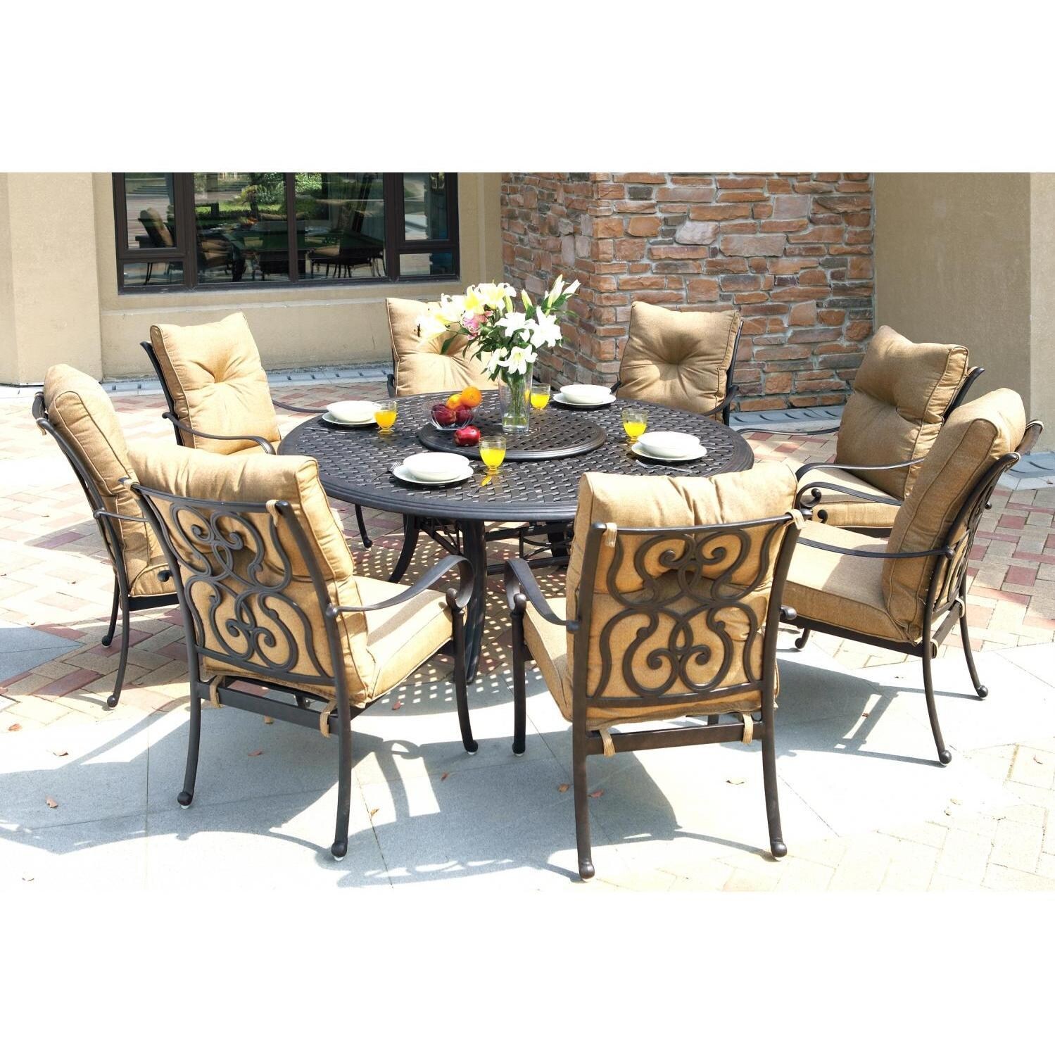 Santa Anita 9 Pc Cast Aluminum Patio Dining Set W/ Lazy Susan & Sesame Sunbrella Cushions By Darlee - Back Patio - Full View - Lifestyle thumbnail
