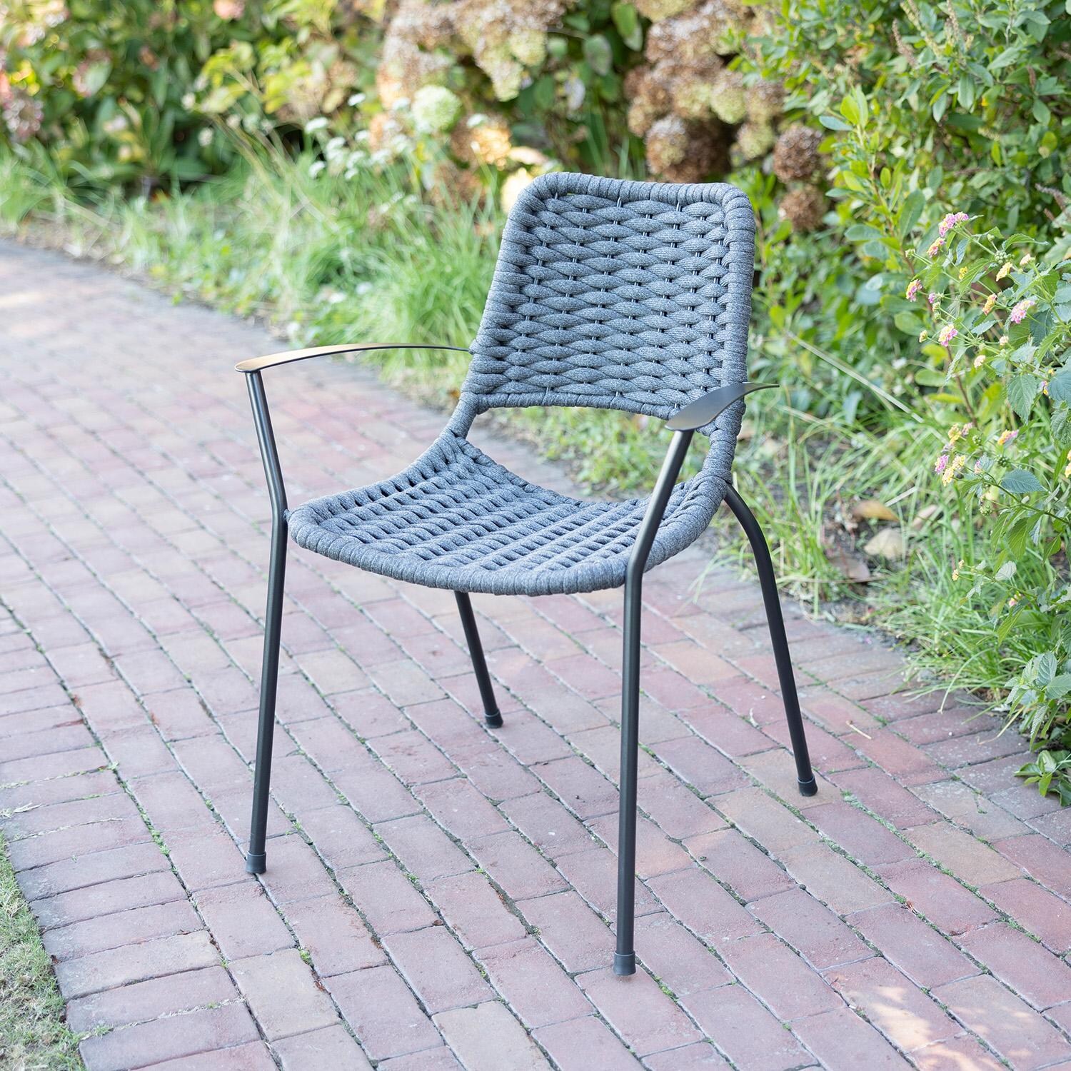 Metro 4 Pc Iron Dining Chair in Grey / Grey Rope - On Patio - Lifestyle thumbnail