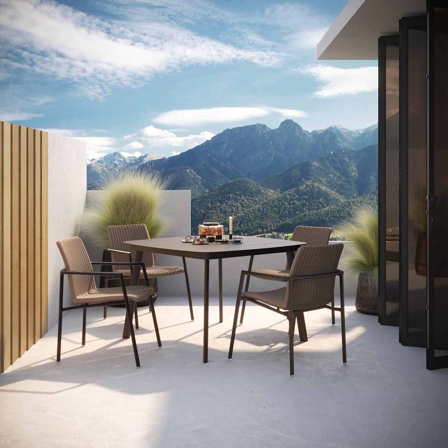 Oxford Garden Orso 5 Pc Wicker & Aluminum Arm Chair Dining Set in Carbon/Sand thumbnail