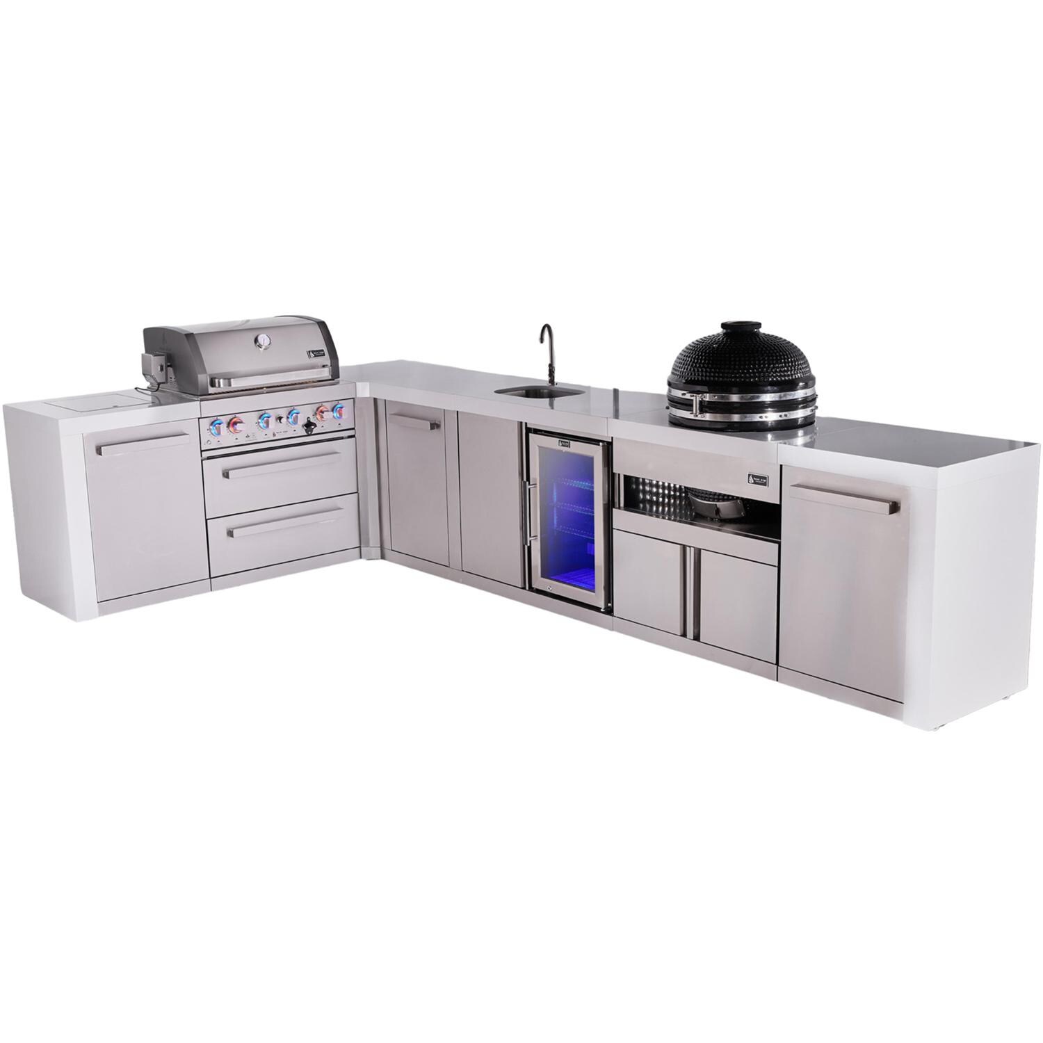 Mont Alpi Deluxe Series 12 Ft Propane Outdoor Kitchen Island w/ 32-in Grill, Side Burner, Beverage Center, Fridge, Kamado Module & Triple Drawer - MAi400-D90BEVFCKAMDR