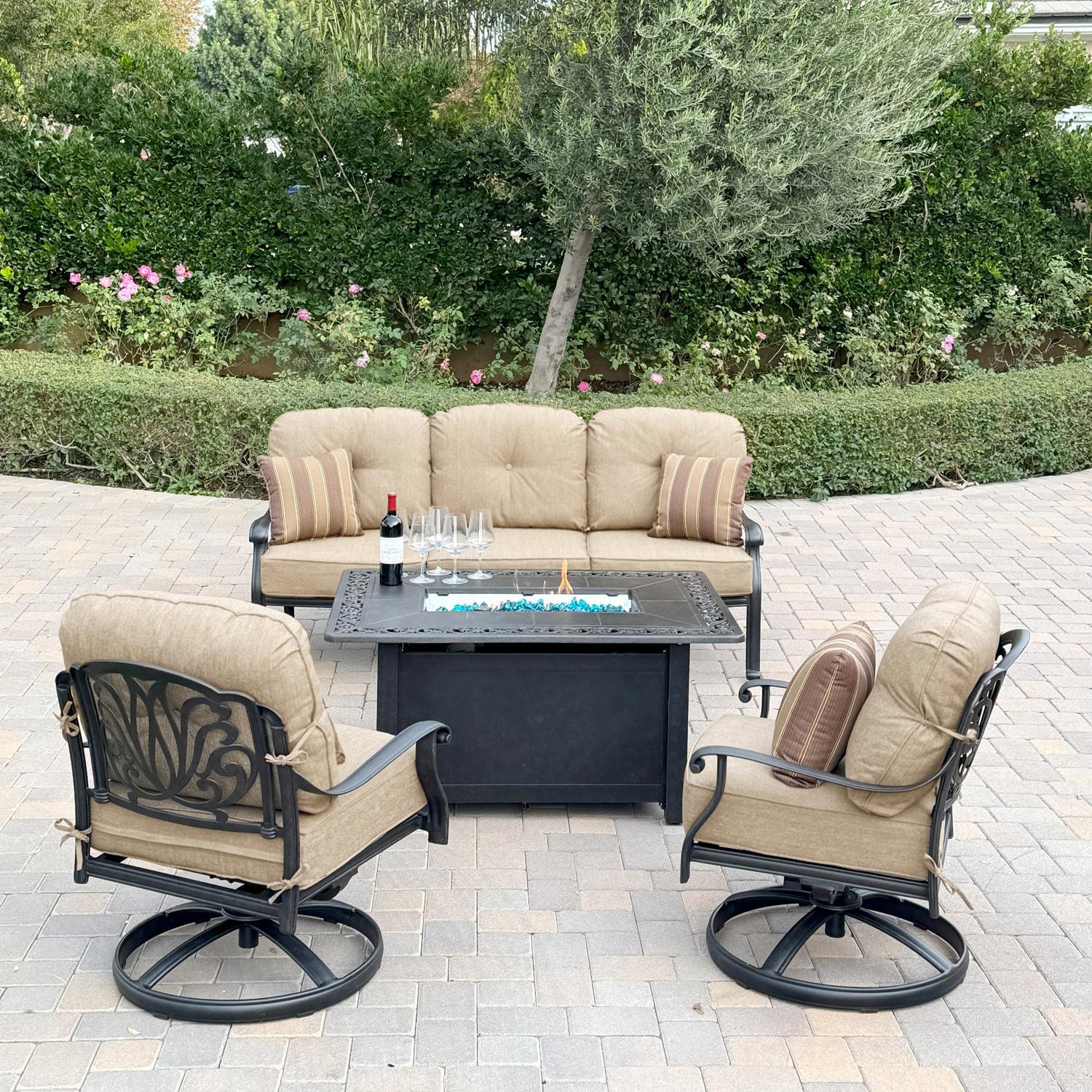 Darlee Elisabeth 4-Pc Cast Aluminum Fire Pit Seating Set w/ Swivel Chairs and Sofa in Antique Bronze/Beige - Full Set - Lifestyle thumbnail