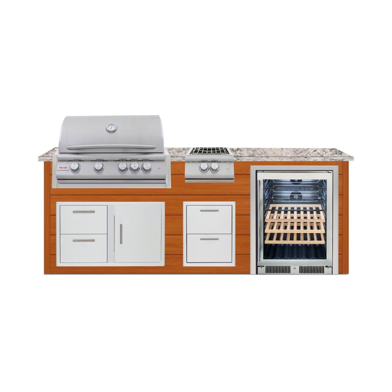 BBQGuys Signature 8 Ft Grill Island w/ 32-in Natural Gas Blaze LTE+ Grill Power Burner, Beverage Center, Narrow Trash Bin & Door & Drawer | Chai Cedar w/ White Granite - Front - White Background thumbnail
