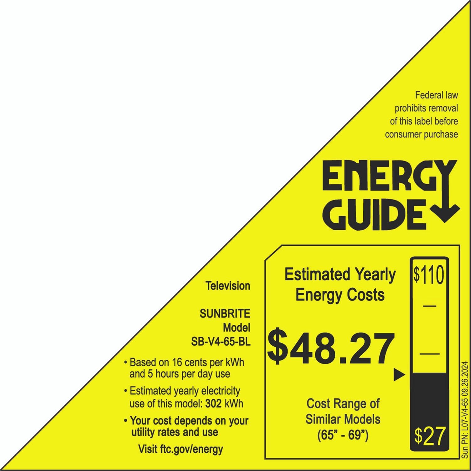 SunBriteTV SB-V4-65-BL Veranda 4 Series 65-in Full Shade 4K UHD HDR Outdoor TV - Energy Guide - Detail thumbnail