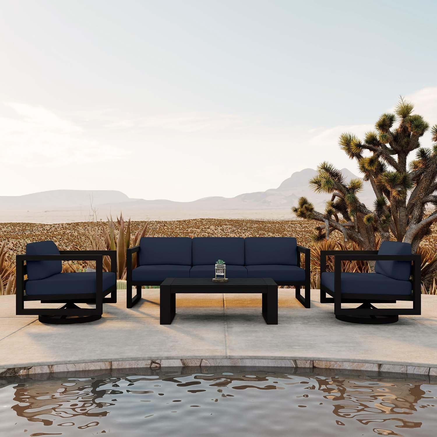 Misty Cove 4 Pc Aluminum Sofa Seating Set w/ Swivel Chairs in Black/Spectrum Indigo by Lakeview Outdoor Designs