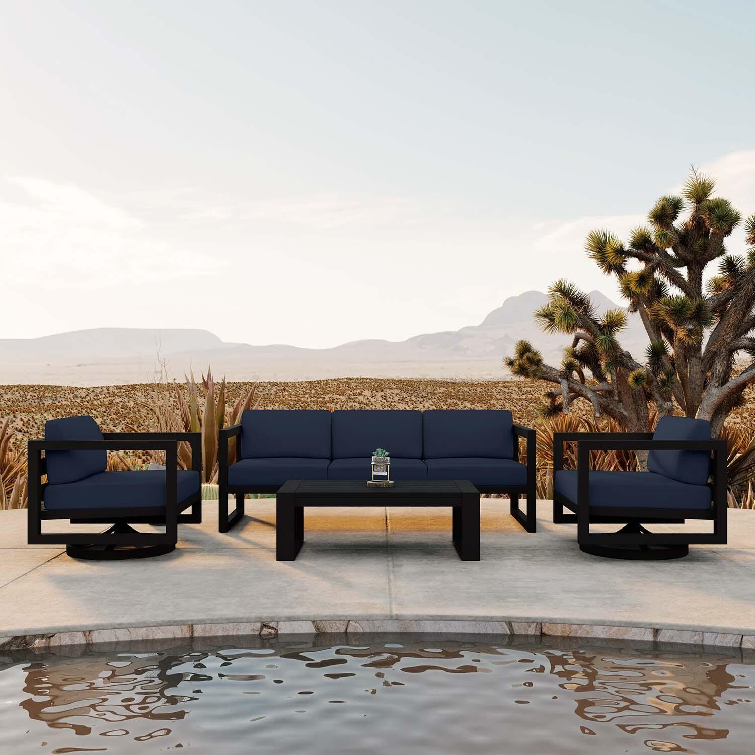 Misty Cove 4 Pc Aluminum Sofa Seating Set w/ Swivel Chairs in Black/Spectrum Indigo by Lakeview Outdoor Designs - Lifestyle thumbnail