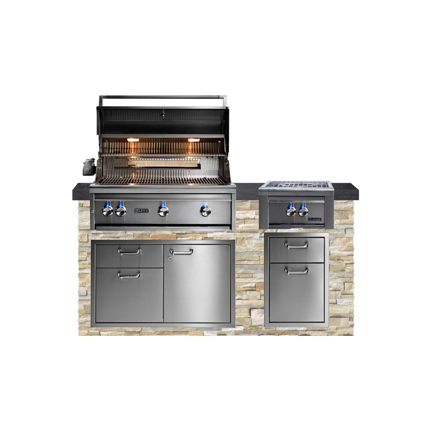 BBQGuys Signature 6ft Luxury Outdoor Kitchen w/ Lynx Professional 36-Inch Propane Grill & Power Burner - Golden Honey Stone w/ Black Polished Granite - White Background thumbnail