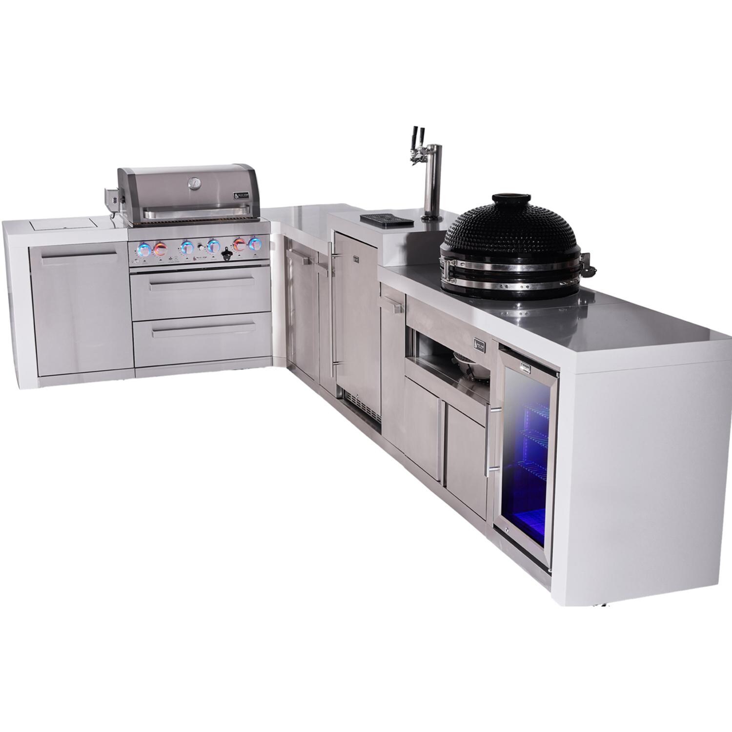 Mont Alpi Deluxe Series 13 Ft L-Shaped Natural Gas Outdoor Kitchen Island w/ 32-in Grill, Side Burner, Kegerator, Fridge, Kamado Module & Extra Door (Ships Propane w/ Conversion Kit) - Angled Right - White Background thumbnail