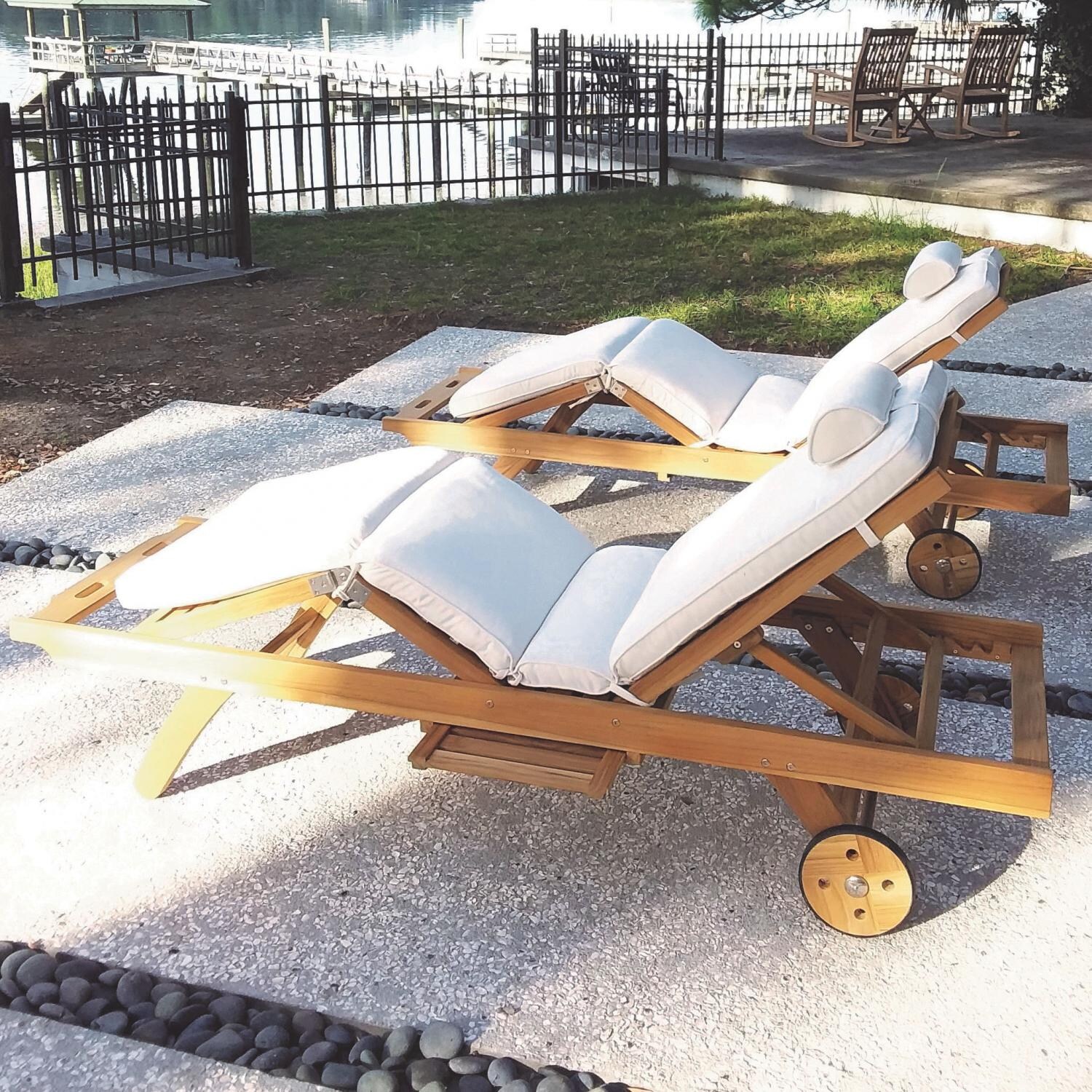 Sun Bed 2 Pc Teak Chaise Lounge Set in Canvas Natural by Royal Teak Collection