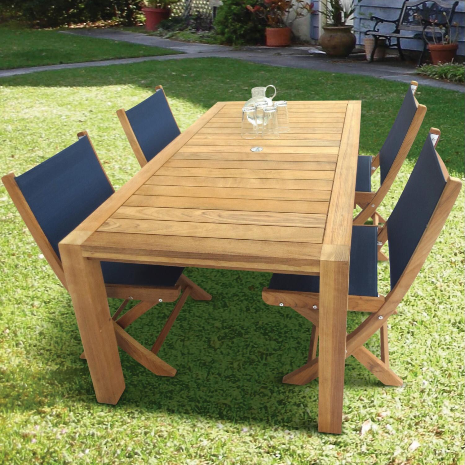 Royal Teak Collection 5 Piece SailMate Teak Patio Dining Set With 63 X 35 Inch Rectangular Table And Dining Side Chairs - Navy Sling thumbnail