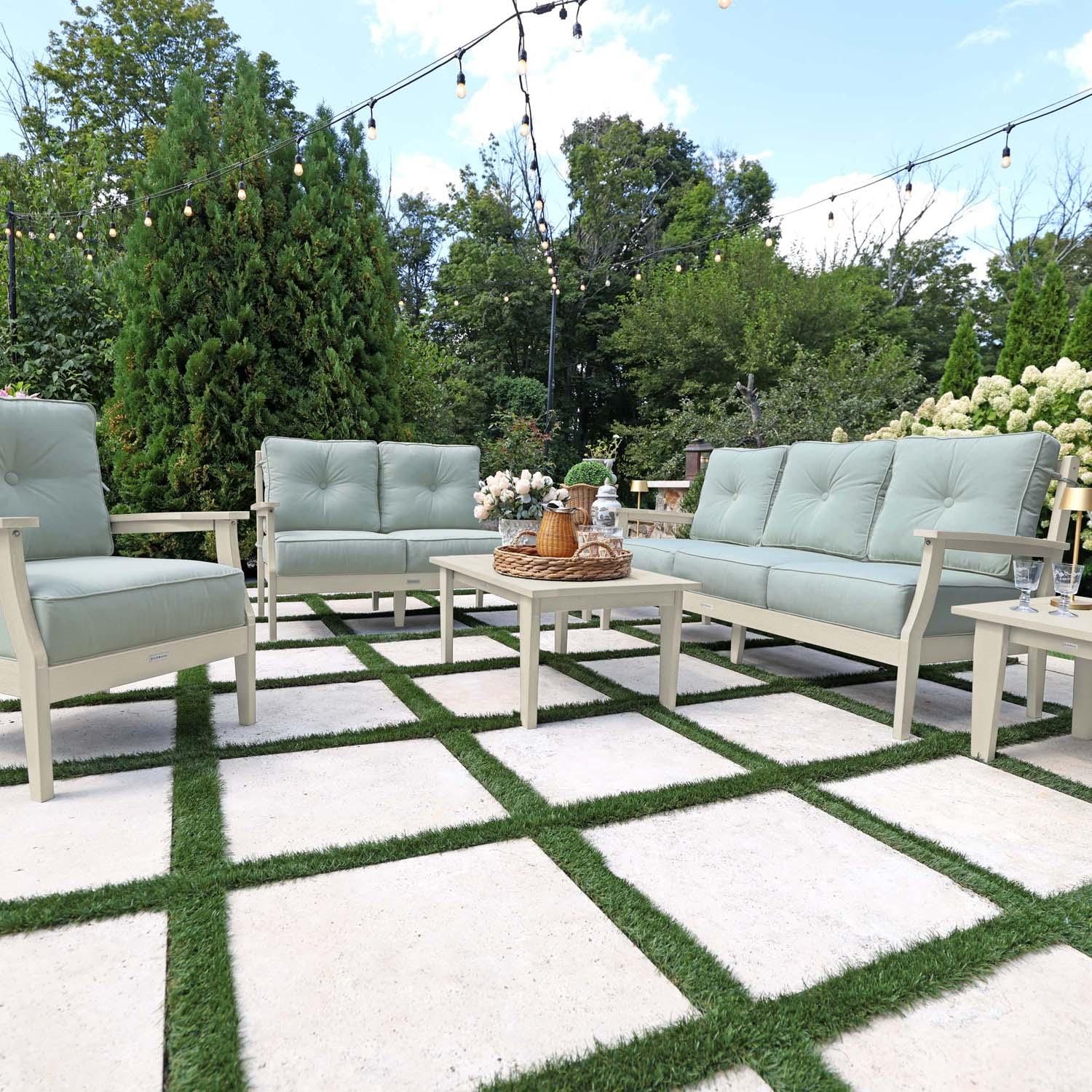 Blushing Bay 6 Pc Recycled Plastic Grand Seating Set in Canvas Seasalt/Whitewash by Lakeview Outdoor Designs - Front View - Lifestyle thumbnail
