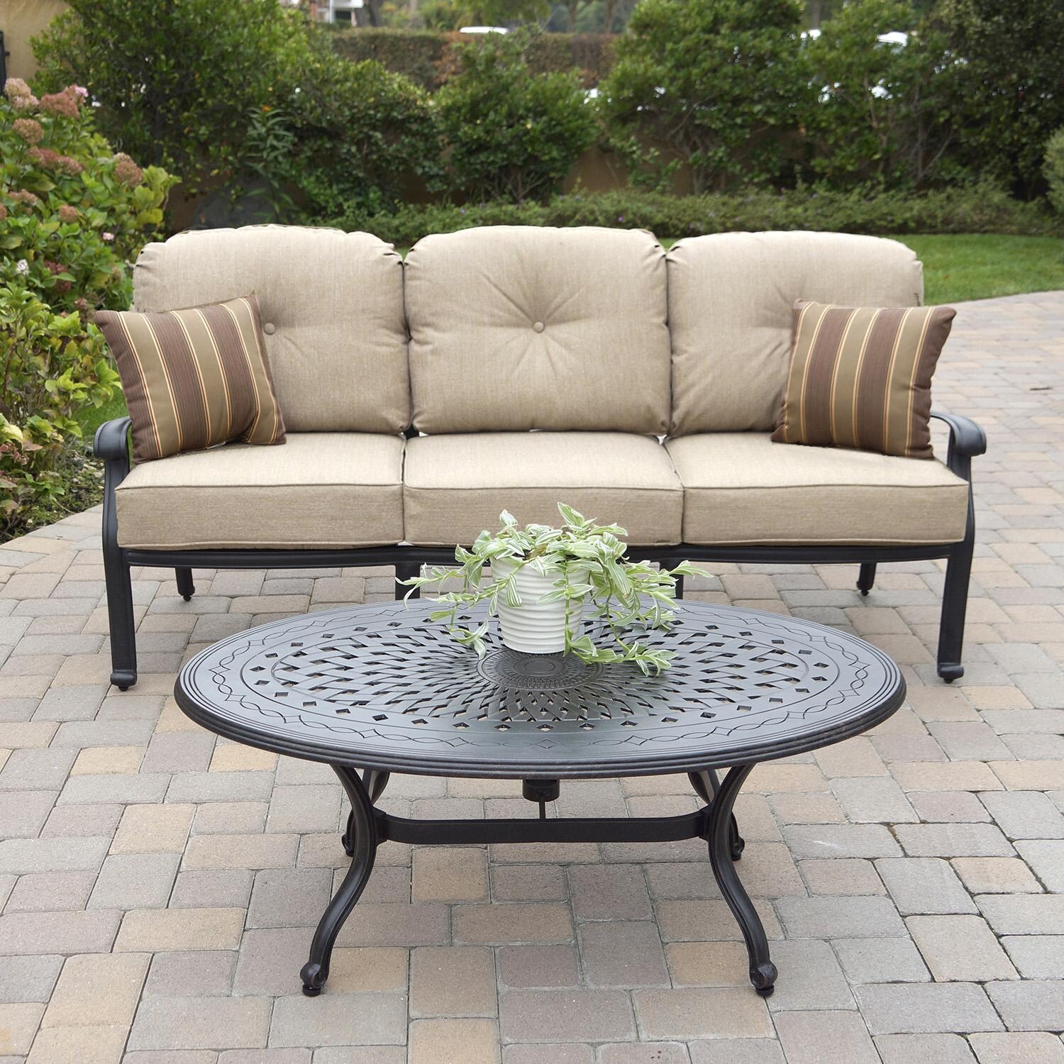 Darlee Elisabeth Cast Aluminum 3 Person Sofa in Antique Bronze/Beige - Sofa w/ Table - Lifestyle thumbnail
