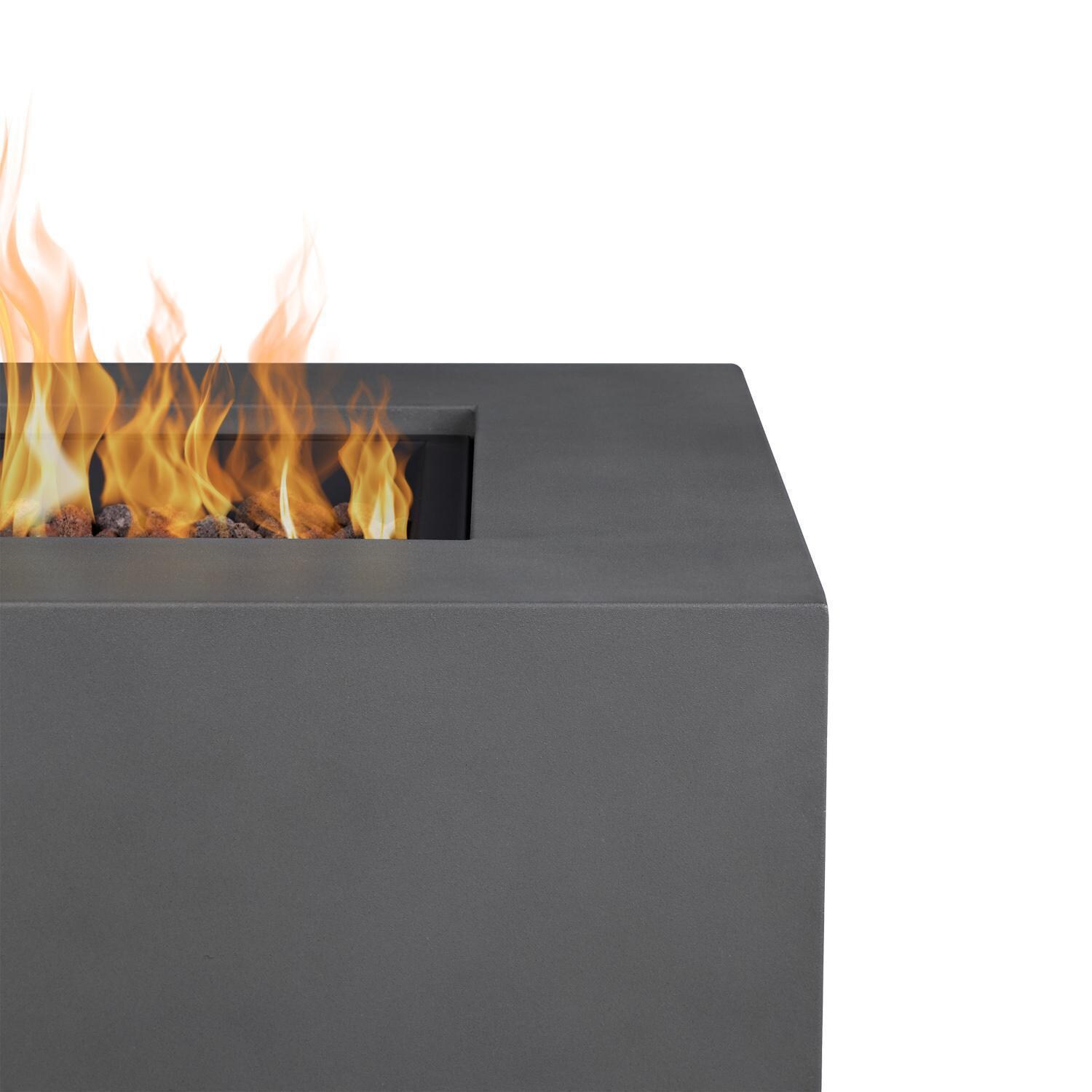 Elysian 3 Pc Powder Coated Steel 36 Inch Square Fire Pit in Weathered Slate by Lakeview - Burner Lit Up Close - White Background thumbnail