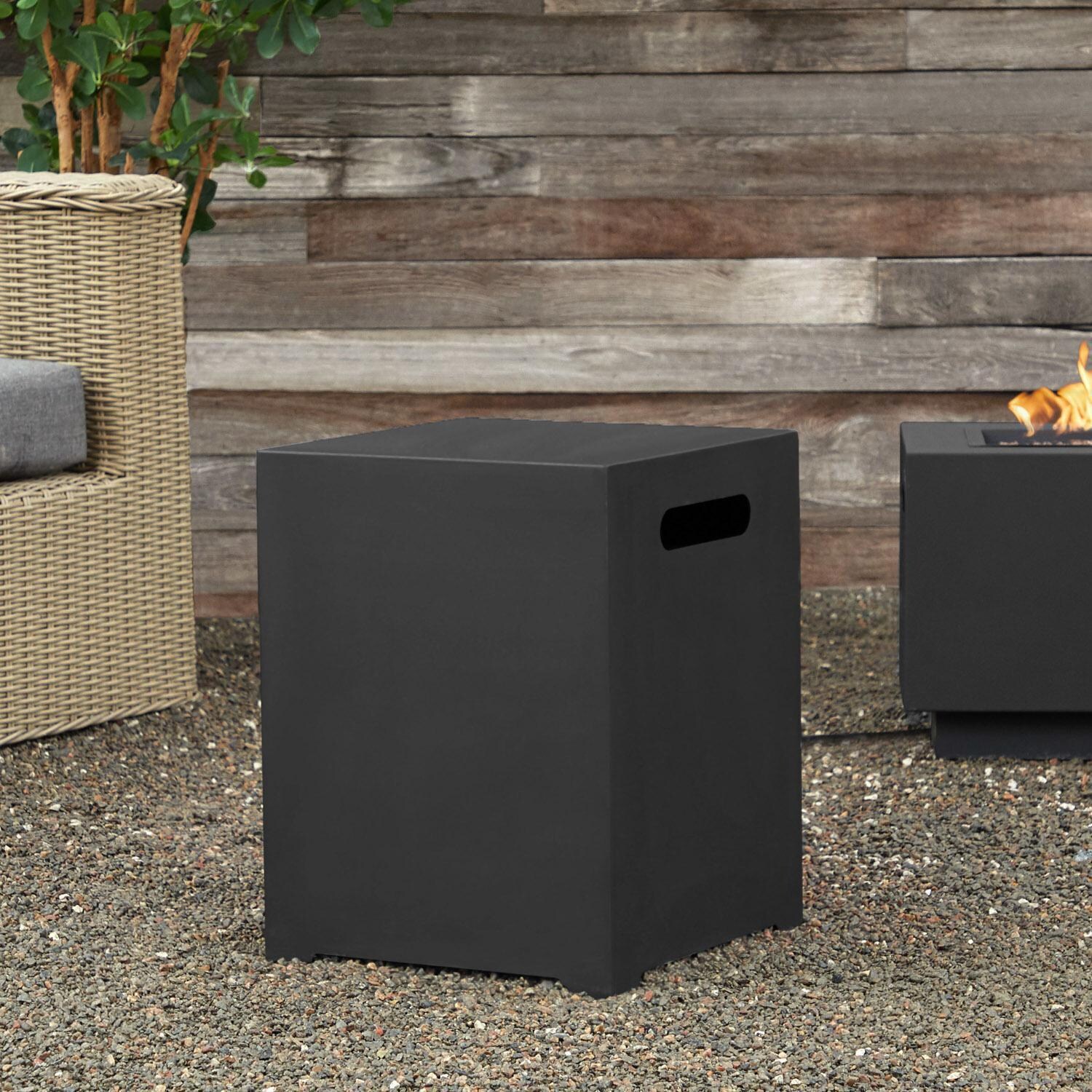 4 Pc Powder Coated Steel Propane Tank Cover in Black by Lakeview - Lifting - White Background thumbnail