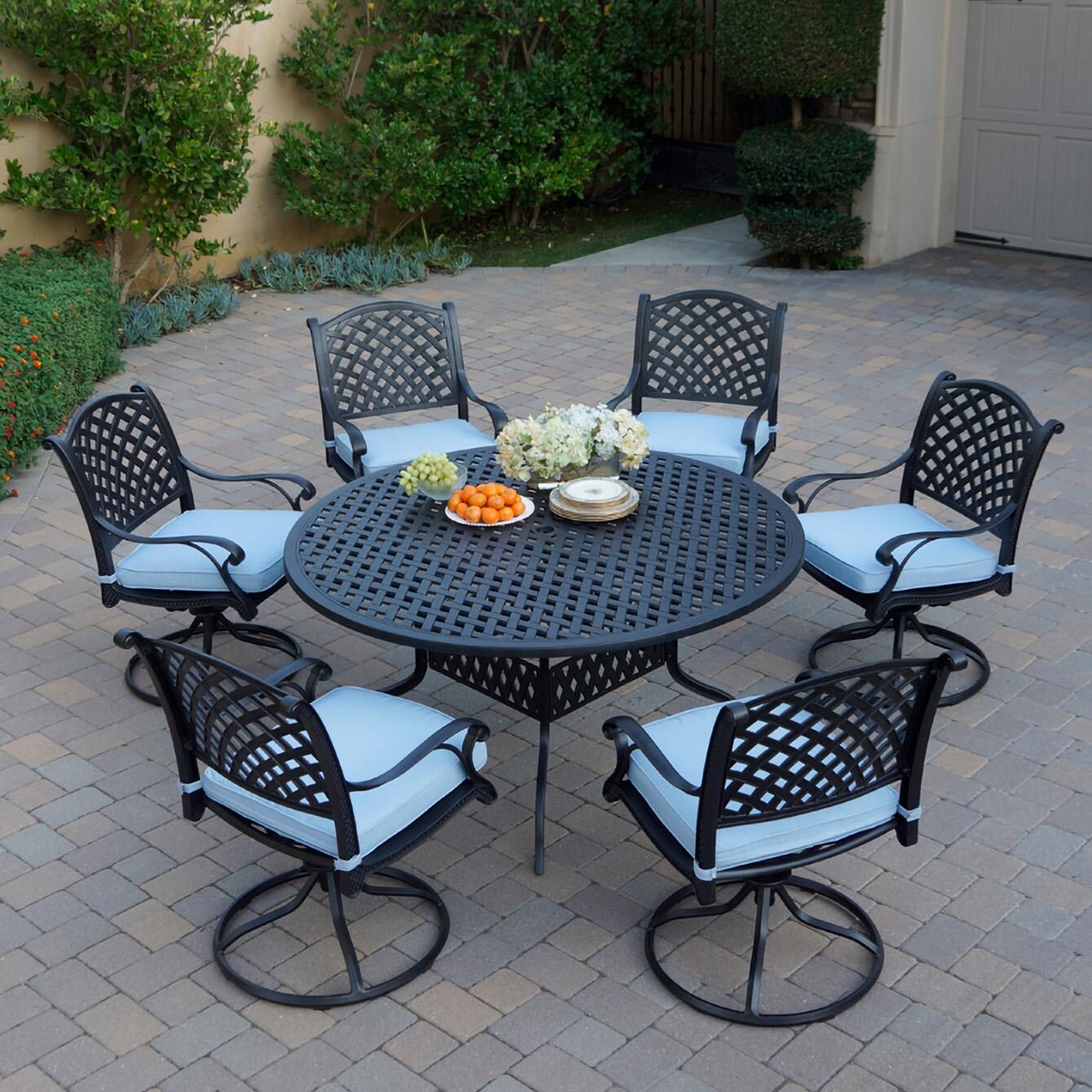 Nassau 7 Pc Cast Aluminum Dining Set w/ Rocker in Antique Bronze w/ Blue Cushions By Darlee