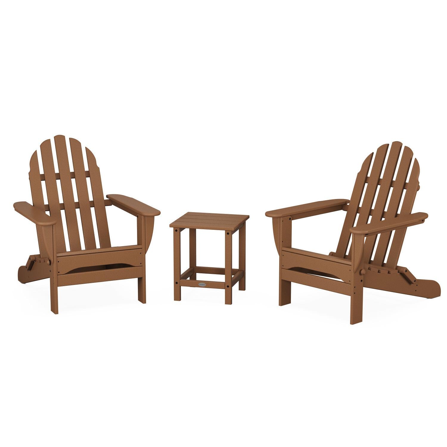 Classic Adirondack 3 Pc Recycled Plastic Seating Set w/ Long Island End Table in Teak by POLYWOOD