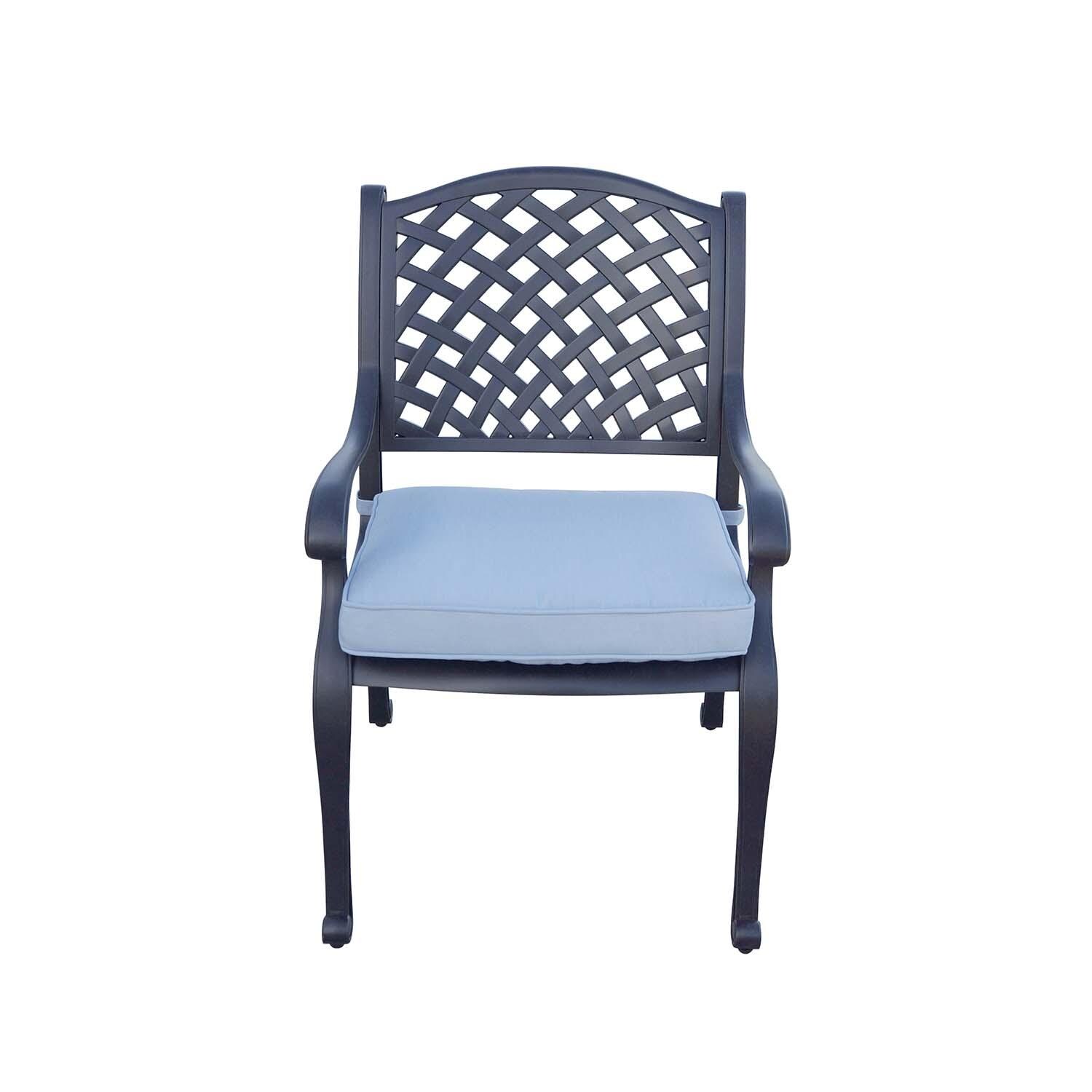 Nassau 5 Pc Cast Aluminum Dining Set w/ Sky Blue Cushions in Antique Bronze By Darlee - Front View Chair - White Background thumbnail