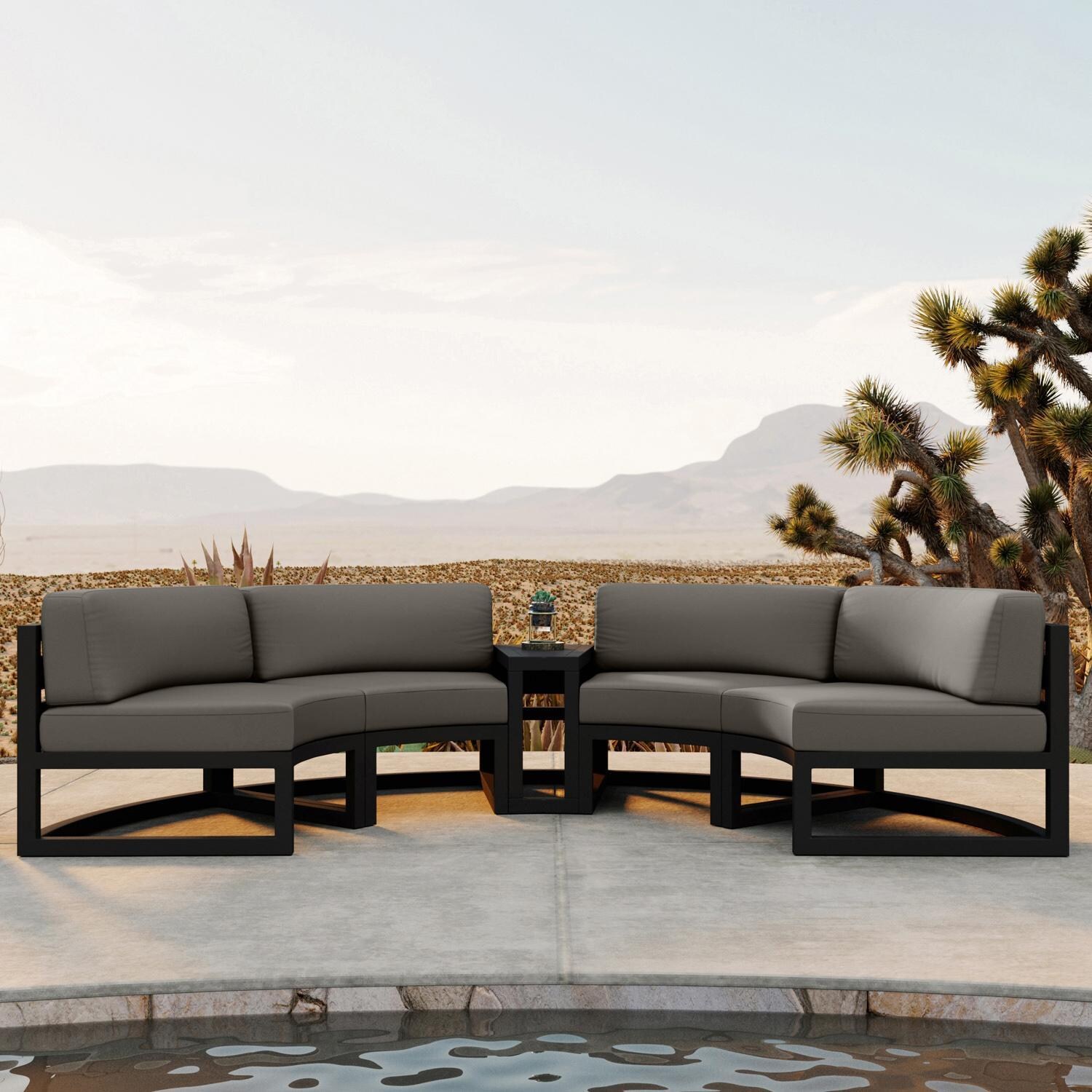 Lakeview MSTYCV-BK-3CSEC-CC Misty Cove 3 Pc Aluminum Curve Sectional Set in Black w/Wedge End Table & Canvas Charcoal Cushions by Lakeview Outdoor Designs - Set Outside - Lifestyle thumbnail