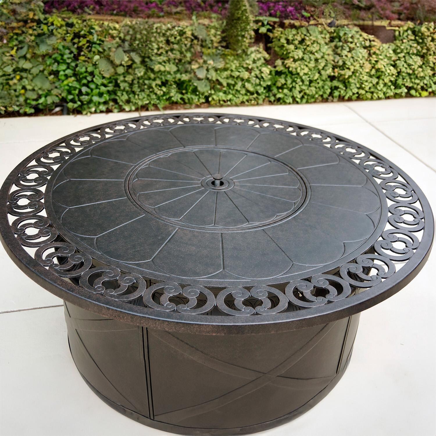 Darlee Nassau 4-Piece Patio Propane Fire Pit Sofa Conversation Set (with 2 Adjustable Club Chairs) with Cushions and 47 Inch Round Fire Pit Chat Table and Fireglass - Fire Table - Lifestyle thumbnail