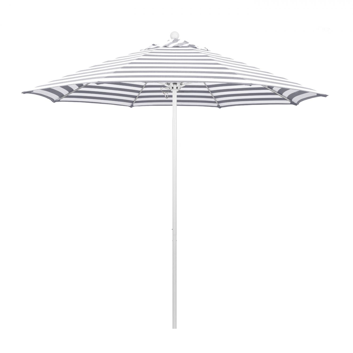 California Umbrella Venture Series 9 Ft Octagonal Aluminum Patio Umbrella W/ Push Lift & Fiberglass Ribs - Matted White Frame / Olefin Gray White Cabana Stripe Canopy thumbnail
