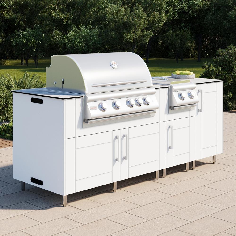 WeatherStrong Abaco 7 Ft Outdoor Kitchen Island w/ Blaze Propane Grill & Side Burner in Shell White/Glacier Frost - On Patio - Lifestyle thumbnail