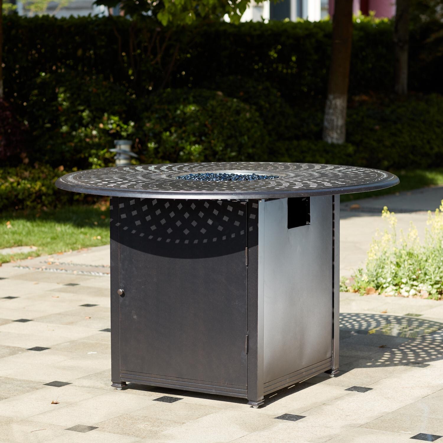 Darlee 201630-7PC-60GHD Ocean View 7 Piece Cast Aluminum Patio Counter Height Fire Pit Bar Set W/ 60 Inch Round Table & Sesame Cushions - Fire  Pit Table thumbnail