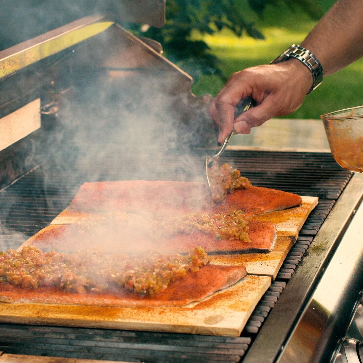 Blaze BLZ-4LTE3-LP Premium LTE+ 32-Inch 4-Burner Propane Grill With Rear Infrared Burner & Lift-Assist Hood - Salmon Cooking - Lifestyle