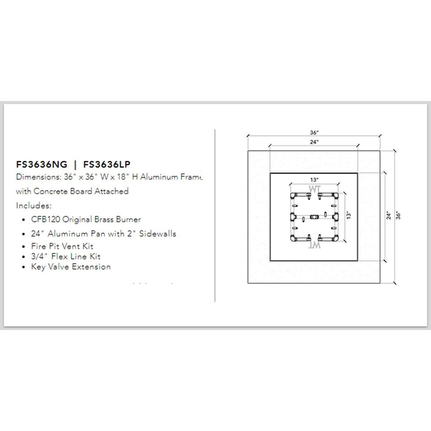 Warming Trends FS3636 Square 36 Inch Natural Gas Ready To Finish Fire Pit Kit - Measurements thumbnail