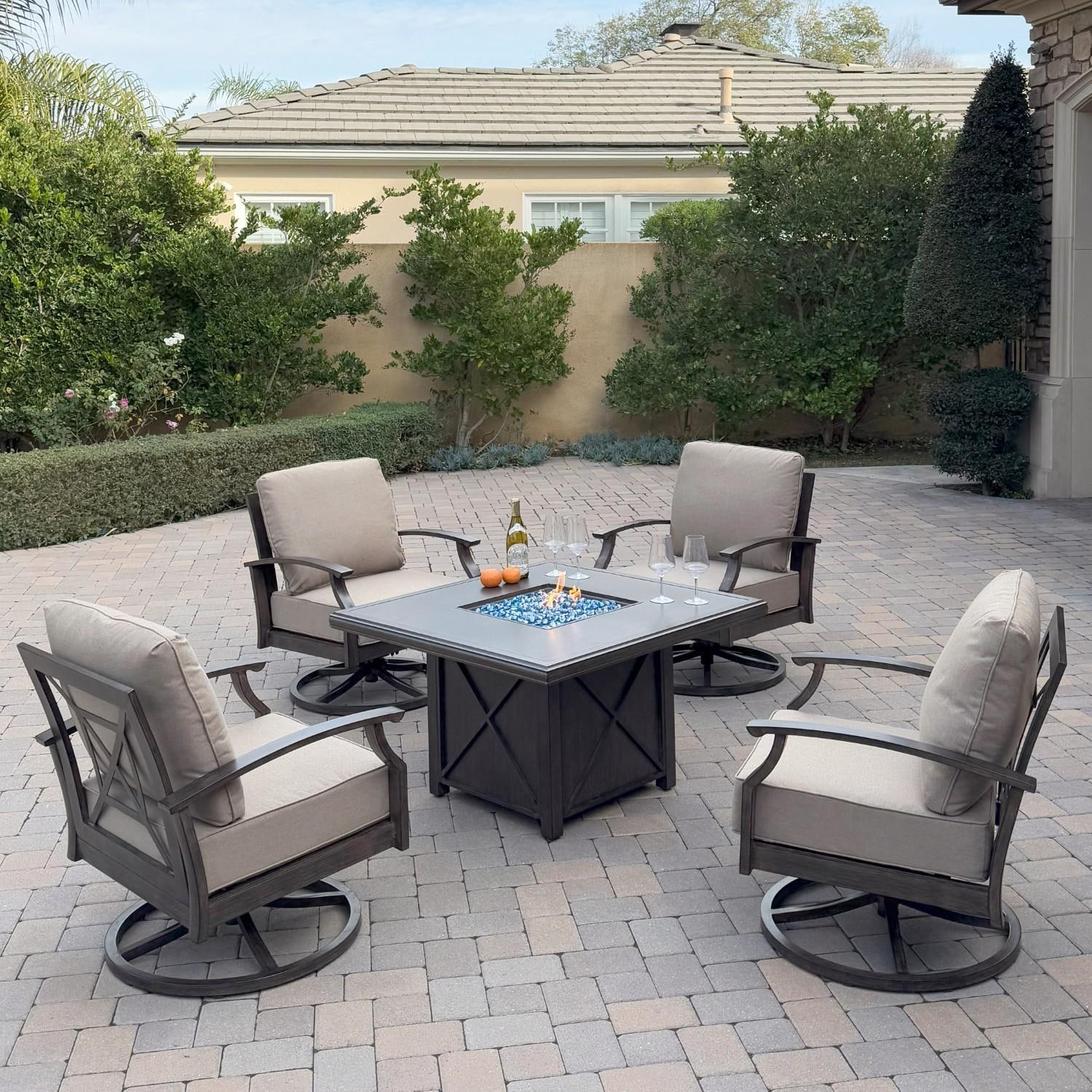 Atlantis 5 Pc Aluminum Fire Pit Seating Set w/ 4 Swivel Rocker Club Chairs in Walnut/Beige by Darlee