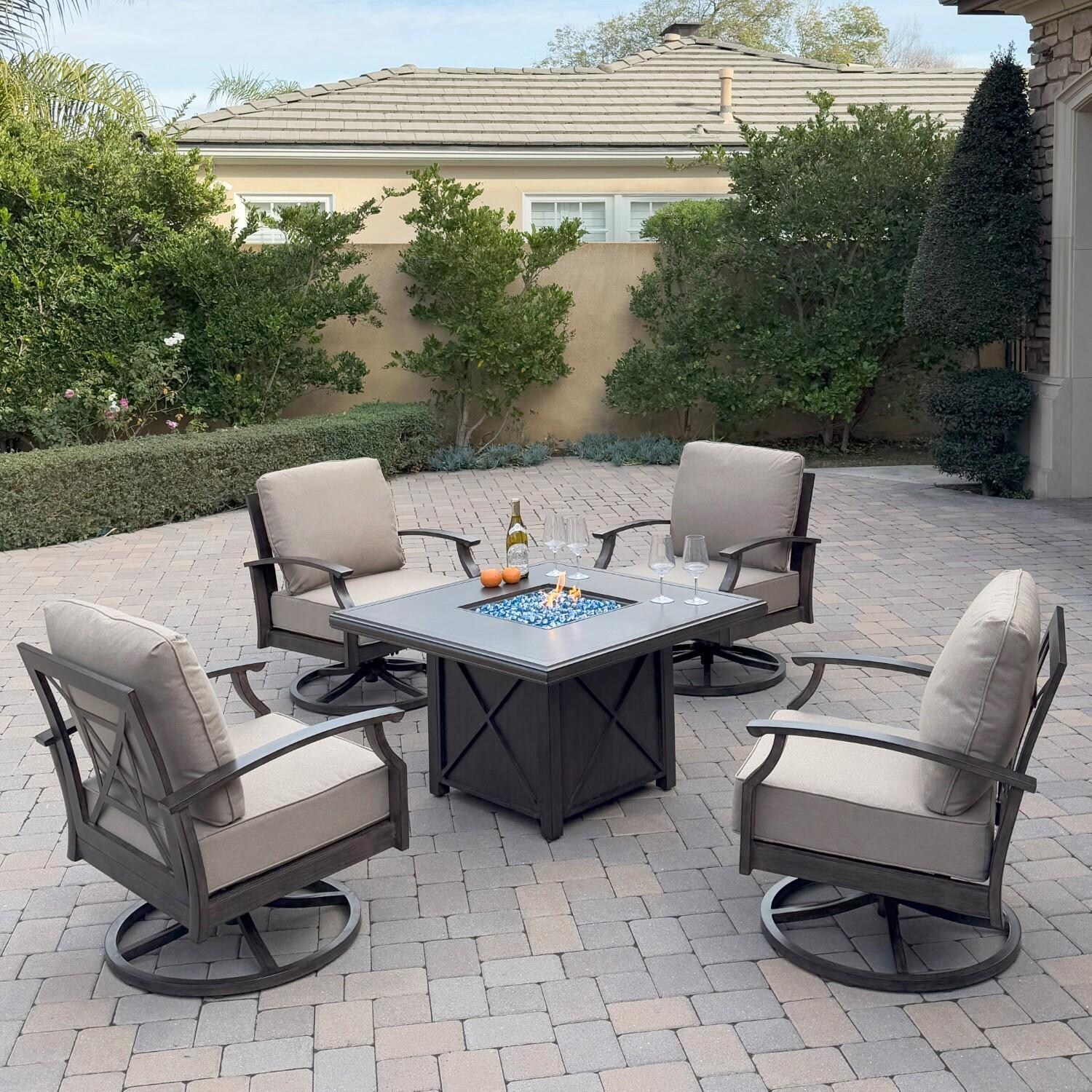 Atlantis 5 Pc Aluminum Fire Pit Seating Set w/ 4 Swivel Rocker Club Chairs in Walnut/Beige by Darlee - Hero - Lifestyle thumbnail