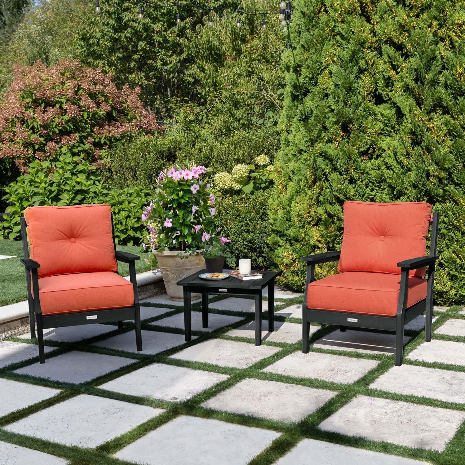Blushing Bay 3 Pc Recycled Plastic Seating Set in Canvas Persimmon/Black by Lakeview Outdoor Designs