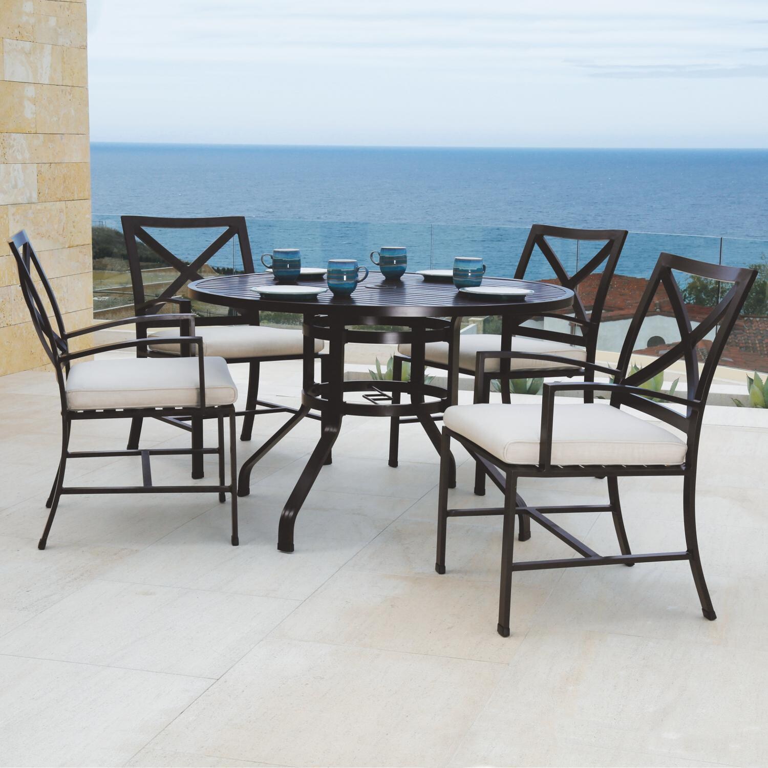 Sunset West La Jolla 5 Piece Aluminum Patio Dining Set W/ 48-Inch Round Table & Sunbrella Canvas Flax Cushions thumbnail