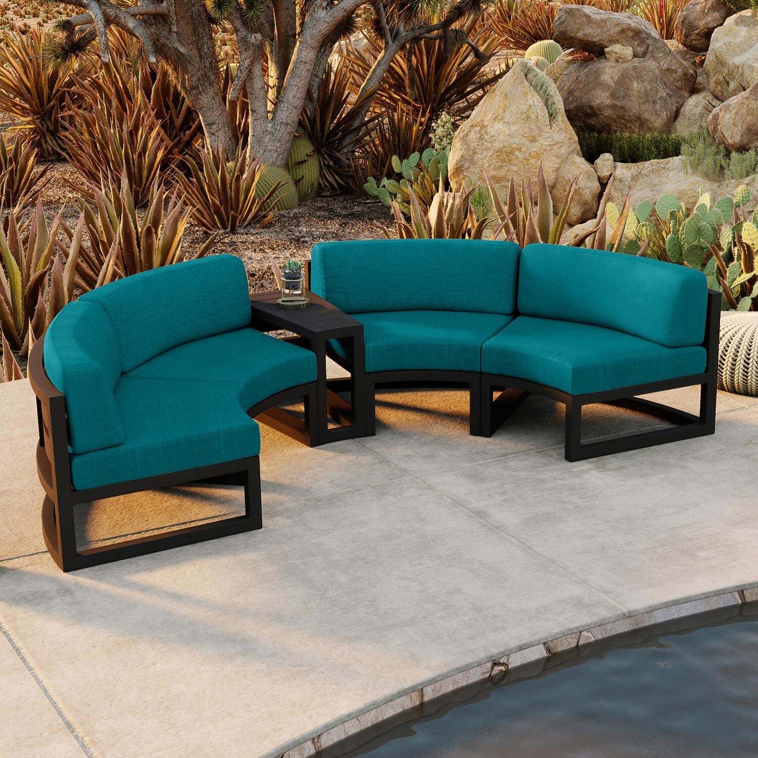 Lakeview MSTYCV-BK-3CSEC-PC Misty Cove 3 Pc Aluminum Curve Sectional Set in Black w/Wedge End Table & Spectrum Peacock Cushions by Lakeview Outdoor Designs - Set From Above - Lifestyle thumbnail