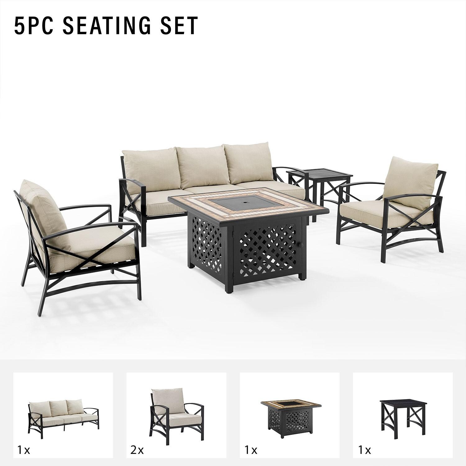 Ultimate Patio UP-82267BZ-OL 5Pc Outdoor Sofa Set W/ Fire Table in Oatmeal - Included in Set (Sofa, Two Club Chairs, Fire Table, Side Table) - Diagram thumbnail