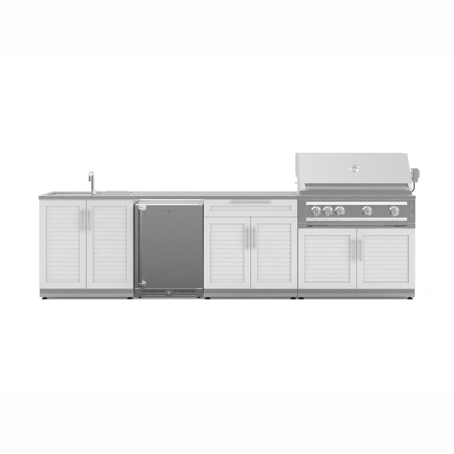 NewAge Products Classic Series 10 1/2 Ft Outdoor Kitchen Island w/ 40-in Propane Grill, Sink, Refrigerator, Trash Bin, Door & Drawer in White/Stainless Steel