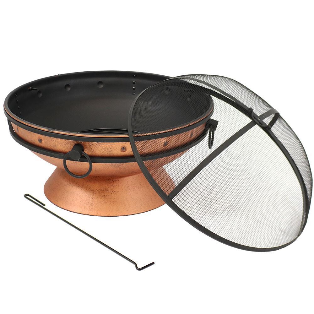 Ultimate Patio 31-Inch Copper Finish Steel Cauldron Wood Burning Fire Pit - Spark Screen Open thumbnail