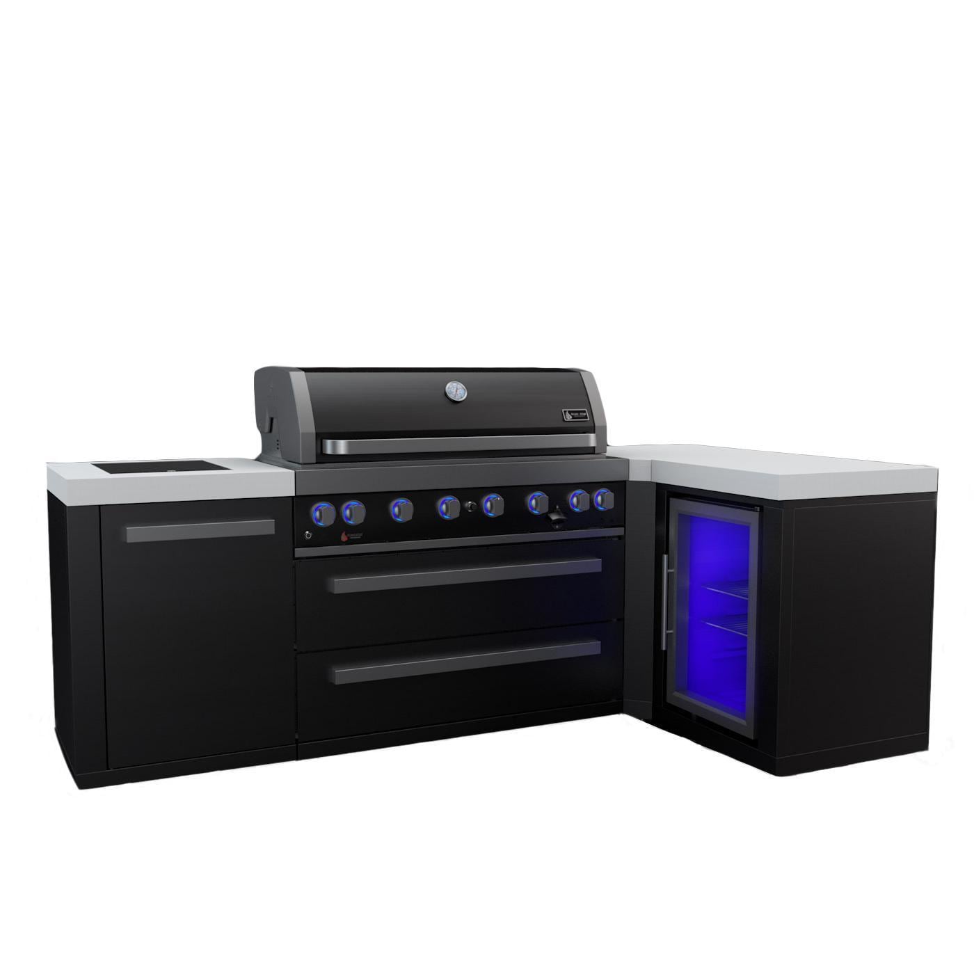 Mont Alpi Black Series 8.5 Ft L-Shaped Natural Gas Outdoor Kitchen Island w/ Side Burner & Fridge (Ships Propane w/ Conversion Kit)