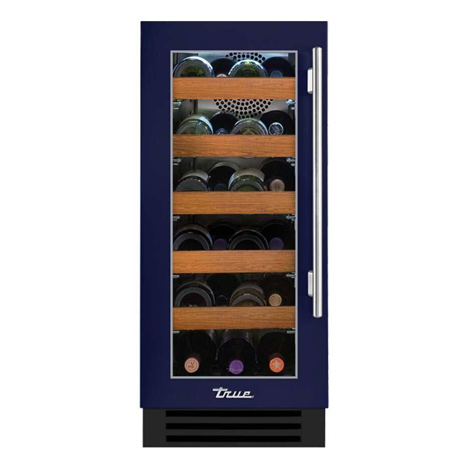 True TWC-15-L-OG-C~DSK-078-H04 15 Inch 23 Bottle Left Hinge Glass Door Outdoor Wine Cabinet - Cobalt w/ Stainless Steel Handle - White Background thumbnail