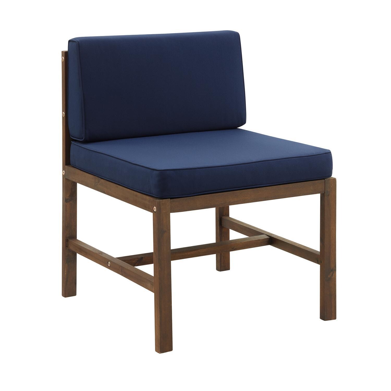 Ultimate Patio Bellelot Acacia Patio Armless Sectional Club Chair W/ Blue Cushions - Dark Brown - Left Side Angled View thumbnail