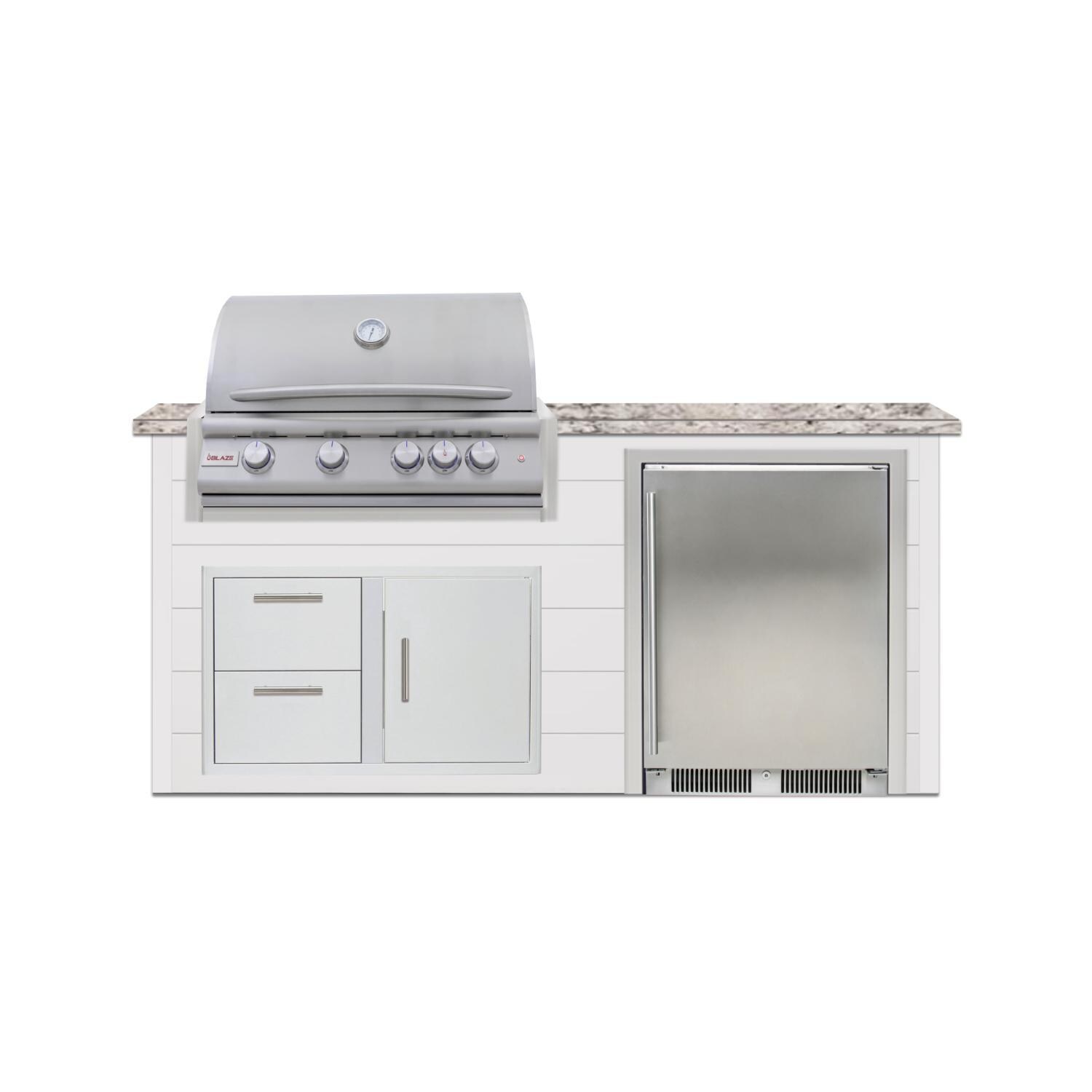 BBQGuys Signature 6 Ft Outdoor Kitchen Island w/ 32 Inch Propane Blaze LTE+ Grill & Refrigerator | Crystal White w/ White Granite